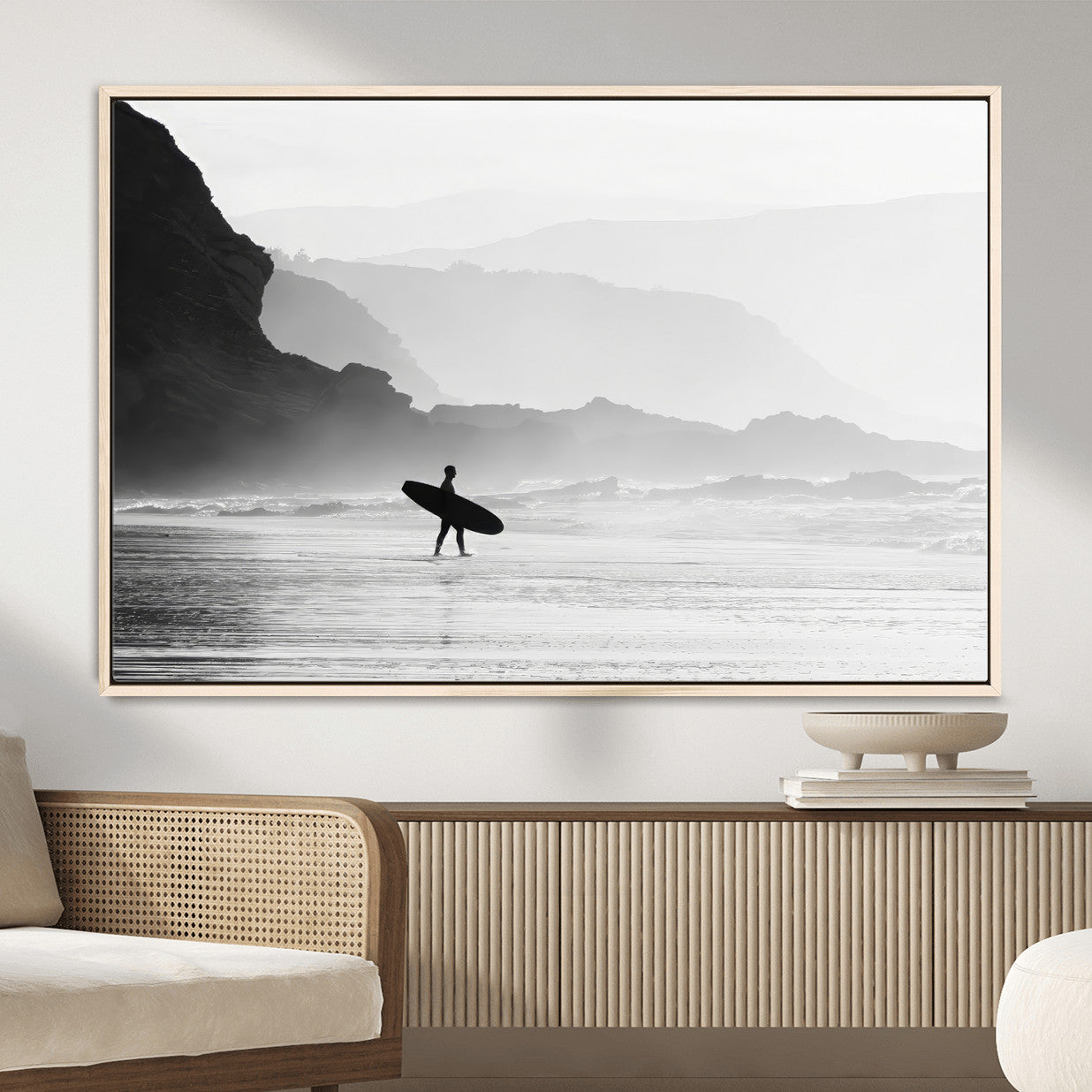 MGV-FC-36X24 - Surfer In Fog Wall Art Canvas Print, Framed Moody Shoreline Art Picture Print, Cliffside Waves Perfect Minimalist Coastal Decor Artwork