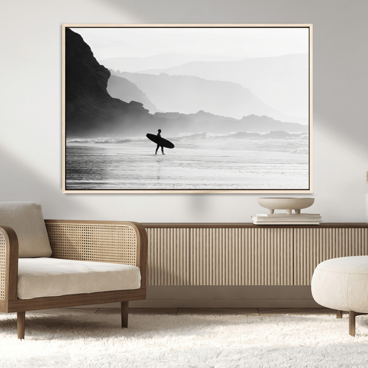 MGV-FC-36X24 - Surfer In Fog Wall Art Canvas Print, Framed Moody Shoreline Art Picture Print, Cliffside Waves Perfect Minimalist Coastal Decor Artwork