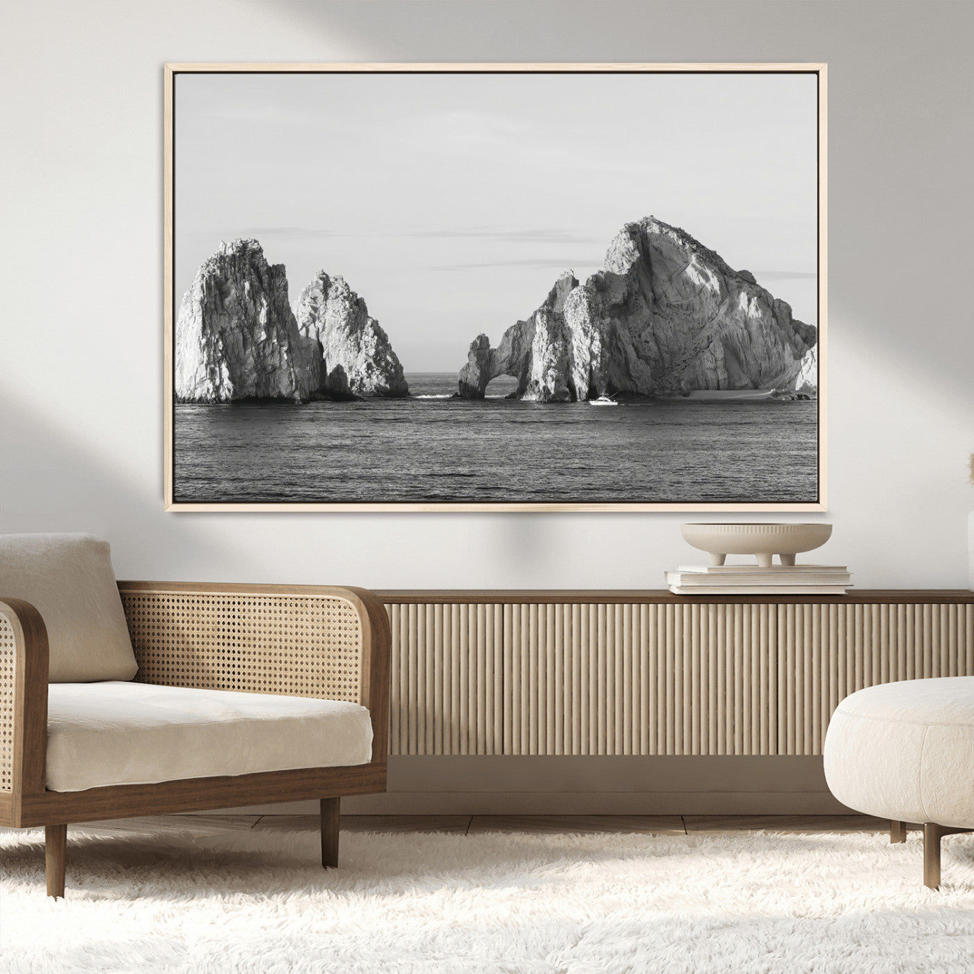 MGV-FC-36X24 - Rugged Coastline Wall Art Canvas Print, Framed Ocean Cliffs Art Picture Print, Monochrome Seascape Perfect Coastal Minimalist Decor Artwork