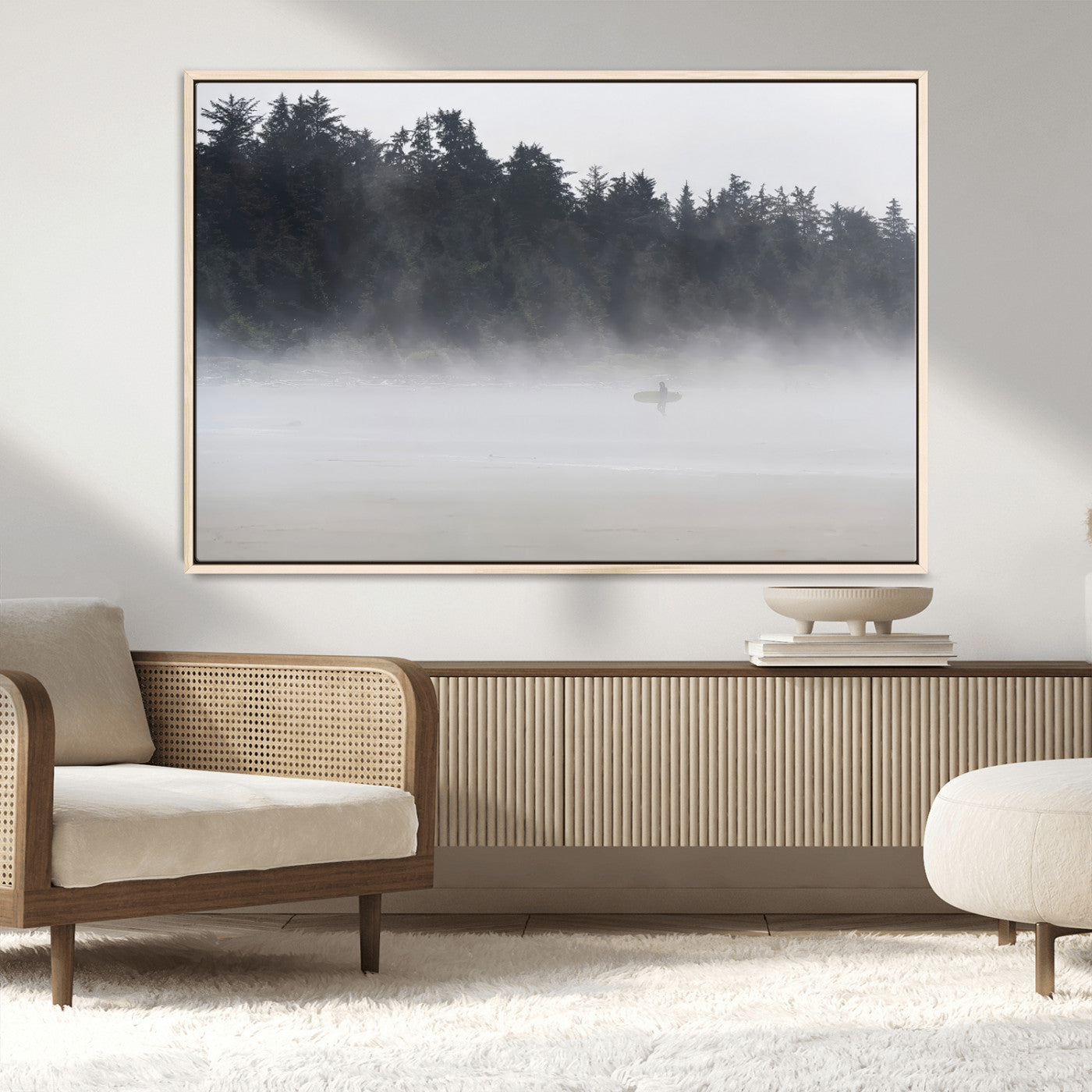 MGV-FC-36X24 - Surfer in Fog Wall Art Canvas Print, Framed Foggy Beach Art Picture Print, Coastal Surf Perfect Moody Coastal Decor Artwork