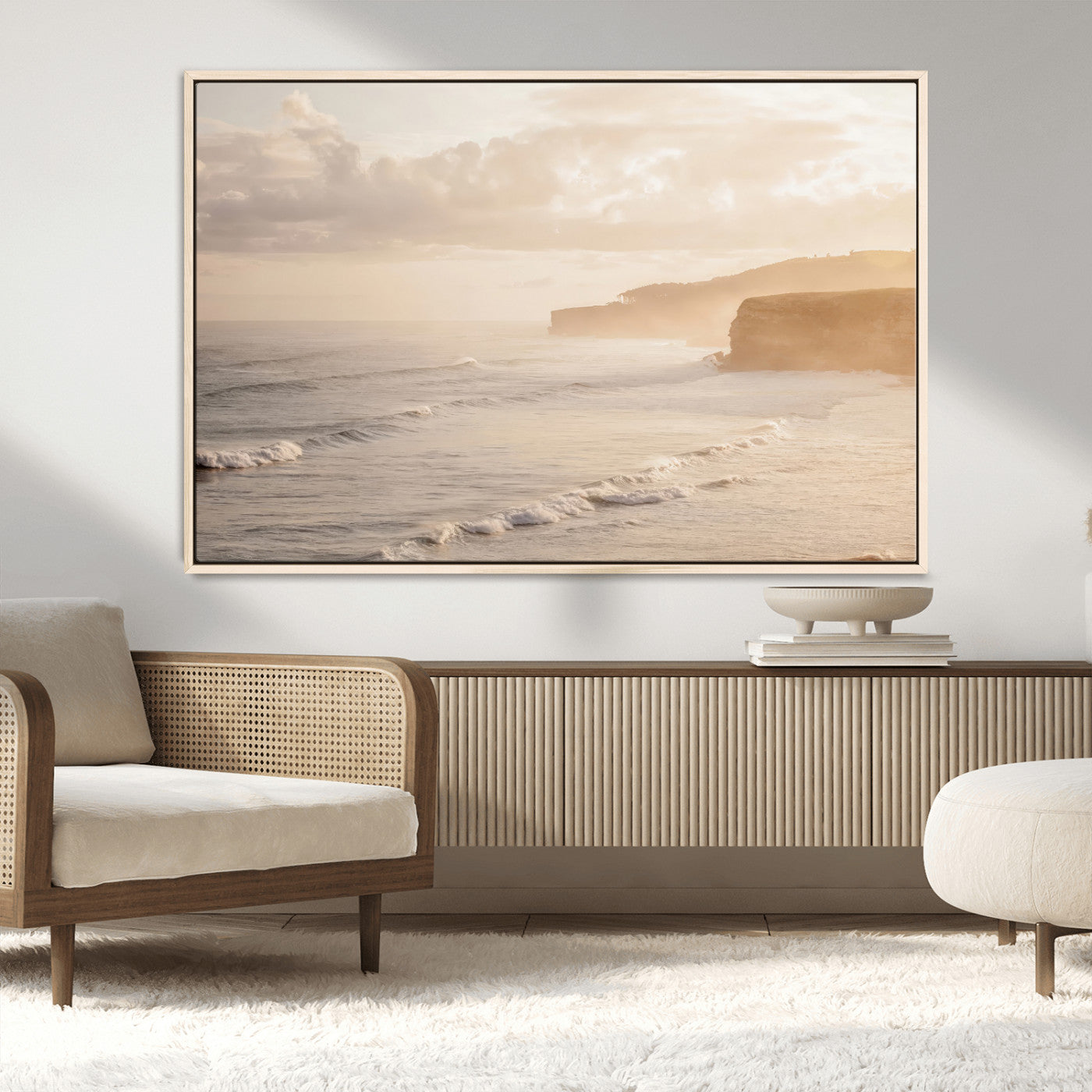 MGV-FC-36X24 - Misty Coastal Wall Art Canvas Print, Framed Golden Sunset Art Picture Print, Serene Shoreline Perfect Tranquil Coastal Decor Artwork