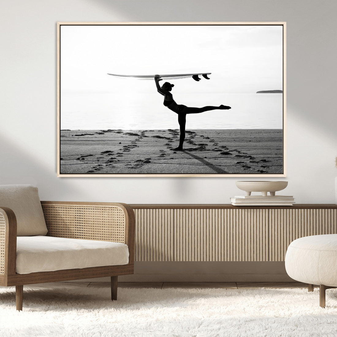 Yoga Surf Wall Art Canvas Print, Framed Black White Shore and Peaceful Ocean