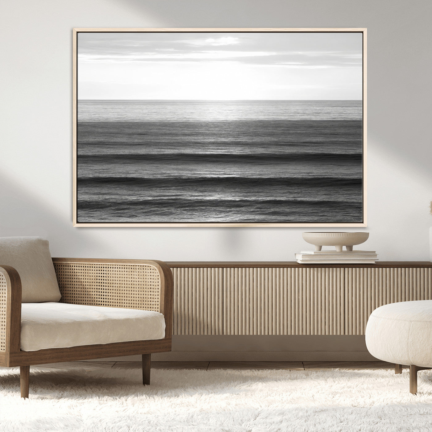 MGV-FC-36X24 - Monochrome Ocean Wall Art Canvas Print, Framed Moody Ocean Art Picture Print, Calm Ocean Perfect Minimalist Coastal Decor Artwork