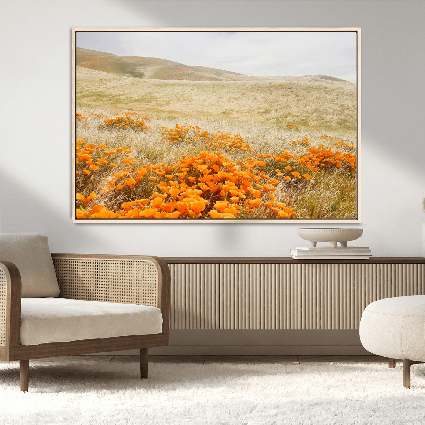 MGV-FC-36X24 - Golden Wildflowers Wall Art Canvas Print, Framed Hills Bloom Art Picture Print, Poppy Meadow Perfect Rustic Nature Decor Artwork