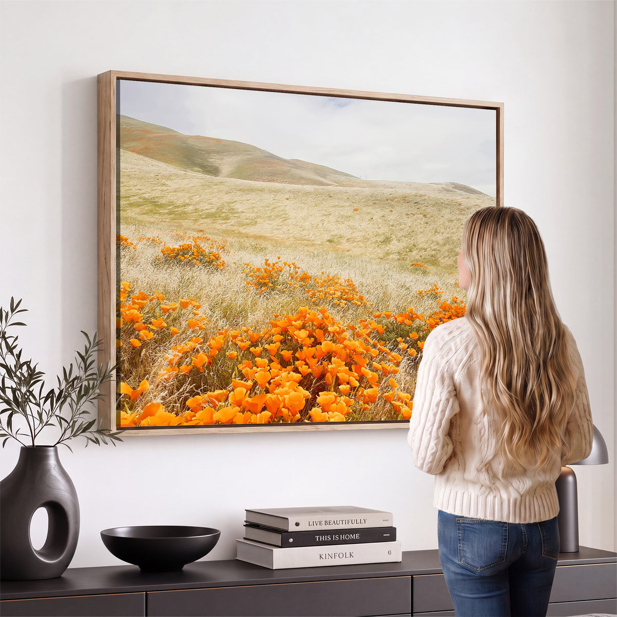 28972262-_Poster-30x20 - Golden Wildflowers Wall Art Canvas Print, Framed Hills and Poppy Meadow Scene
