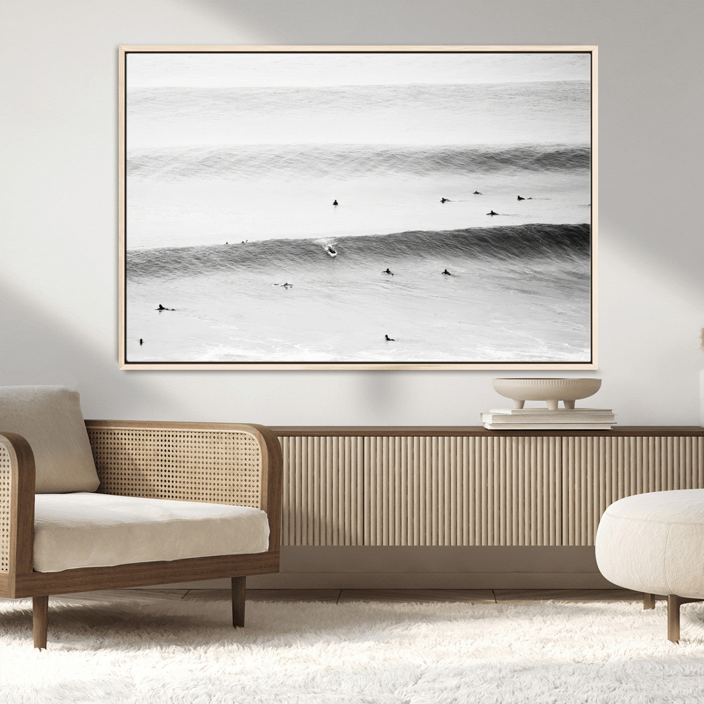MGV-FC-36X24 - Black White Ocean Wall Art Canvas Print, Framed Coastal Sport Art Picture Print, Ocean Culture Perfect Minimalist Coastal Decor Artwork