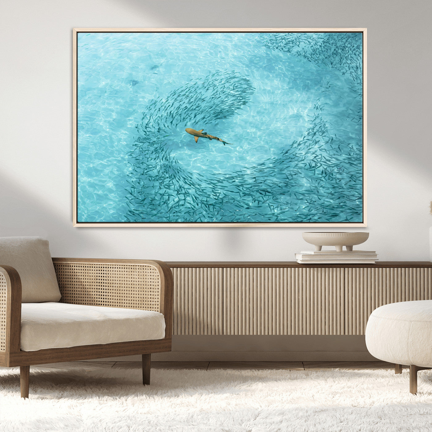 MGV-FC-36X24 - Fish Swarm Wall Art Canvas Print, Framed Marine Life Art Picture Print, Shark Aerial Perfect Wildlife Coastal Decor Artwork