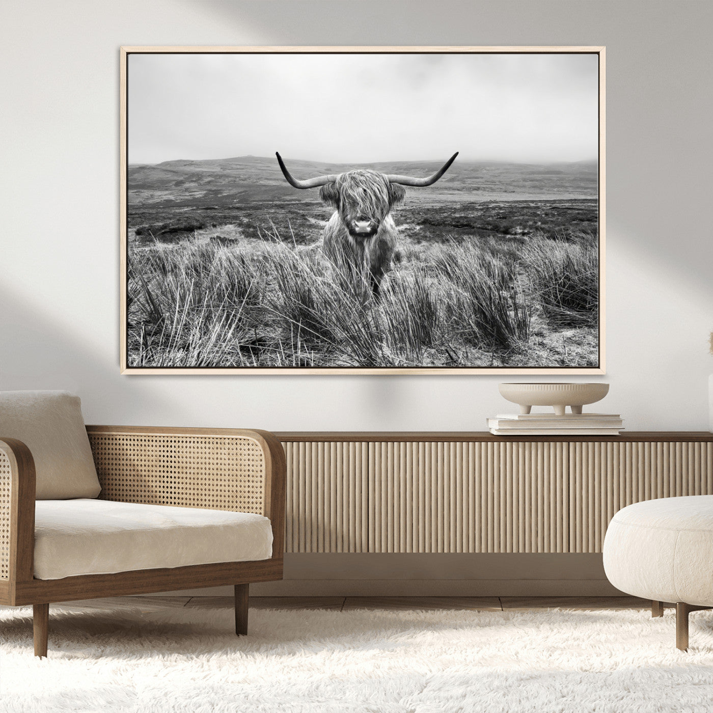 MGV-FC-36X24 - Monochrome Highland Cow Wall Art Canvas Print, Framed Scottish Bull Art Picture Print, Lone Cattle Perfect Rustic Farmhouse Decor Artwork