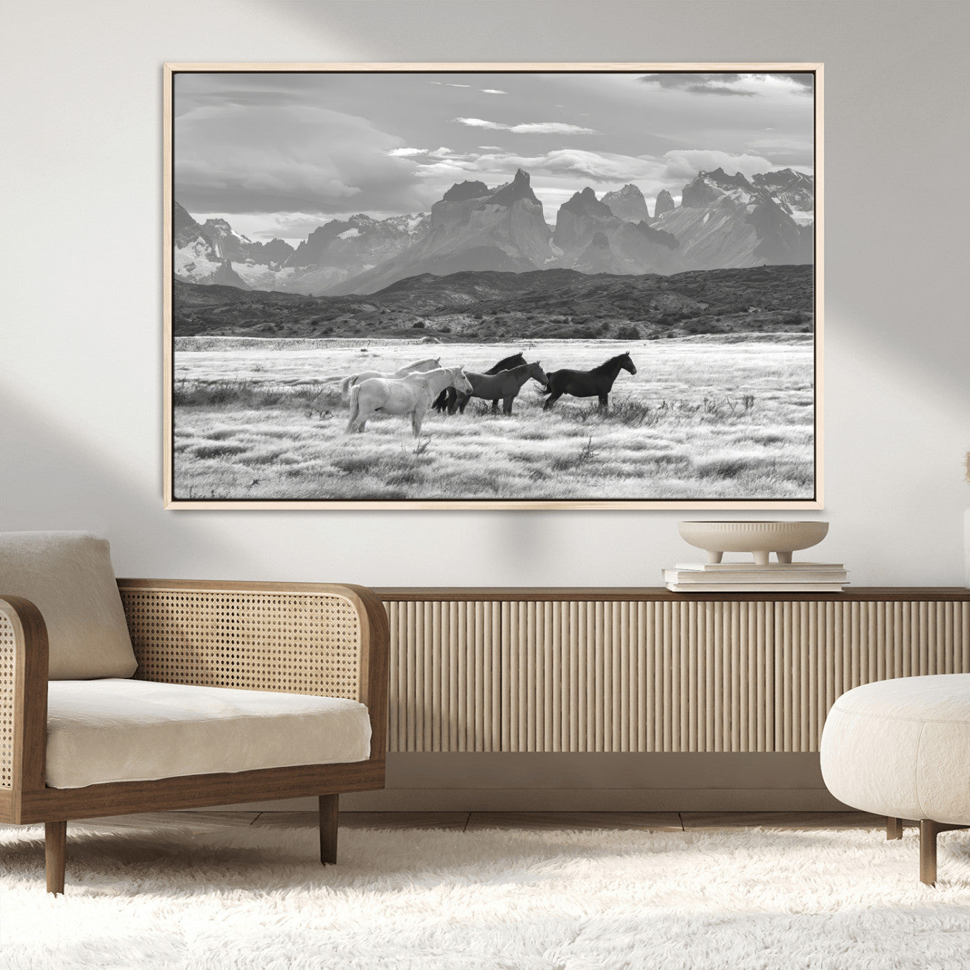 MGV-FC-36X24 - Wild Horses Wall Art Canvas Print, Framed Black White Mountains Art Picture Print, Rustic Countryside Perfect Rustic Western Decor Artwork