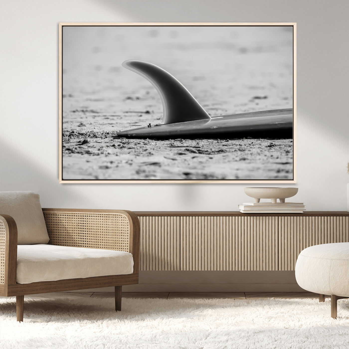 MGV-FC-36X24 - Black White Surfboard Wall Art Canvas Print, Framed Minimalist Beach Art Picture Print, Surf Fin Perfect Minimalist Coastal Decor Artwork
