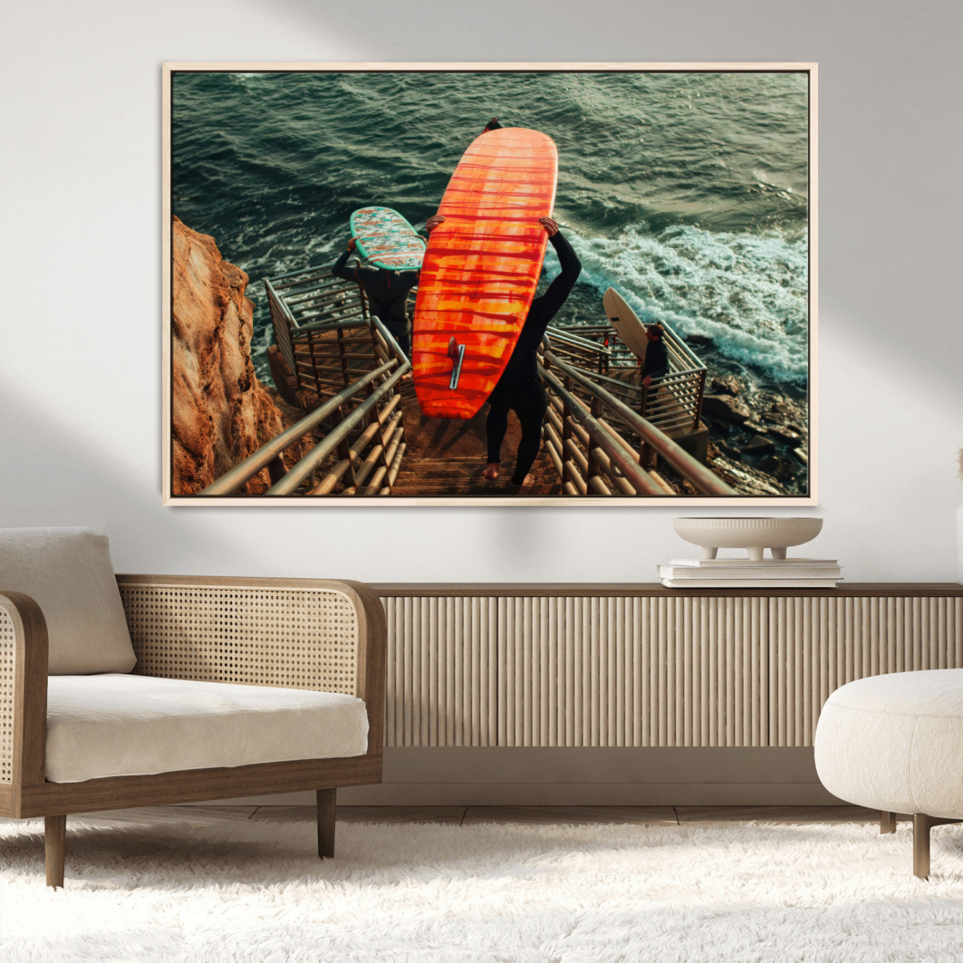 MGV-FC-36X24 - Surfer Stairway Wall Art Canvas Print, Framed Ocean Surf Art Picture Print, Sunset Coastal Perfect Coastal Adventure Decor Artwork