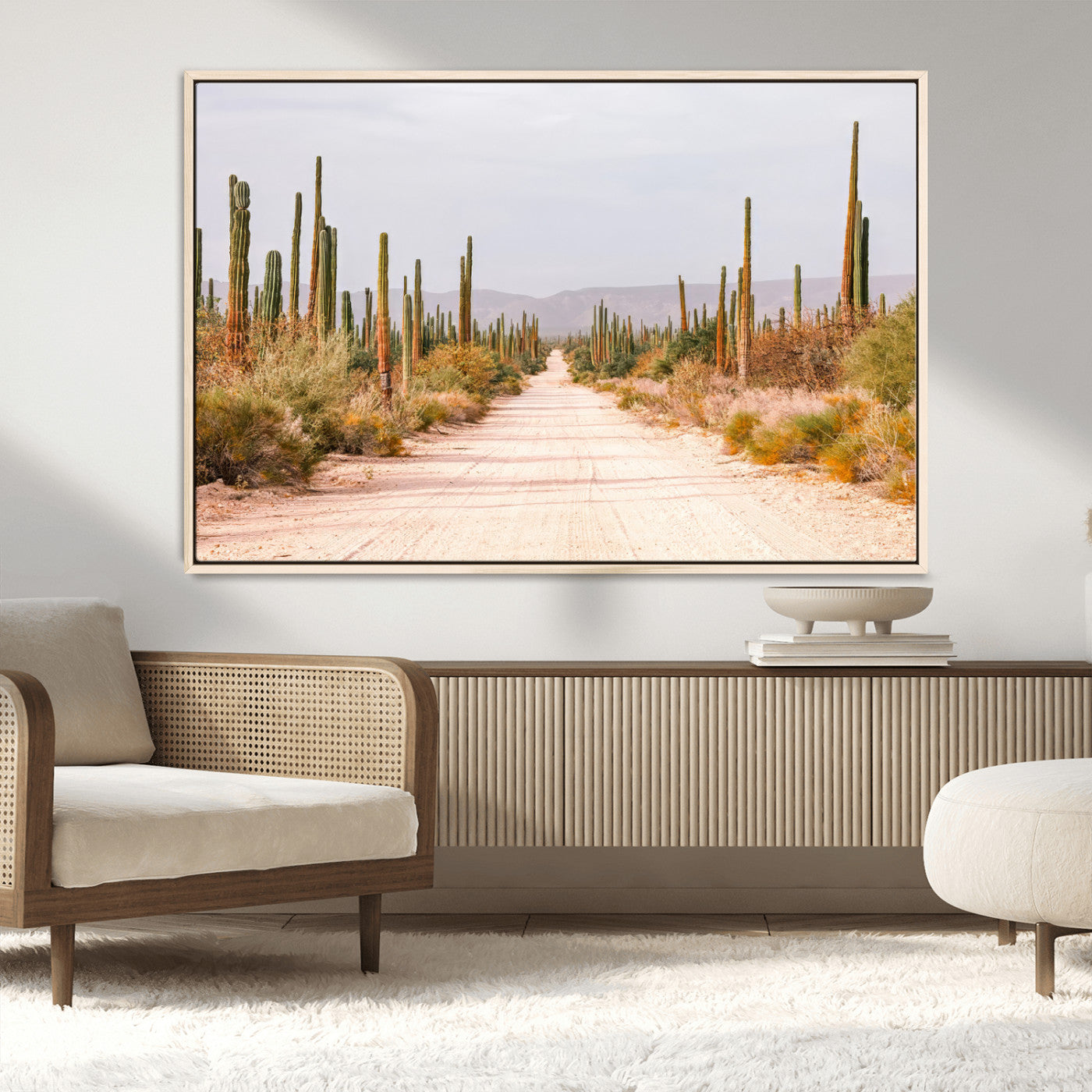 MGV-FC-36X24 - Desert Cactus Lined Road Wall Art Canvas Print, Framed Southwestern Landscape Art Picture Print, Bohemian Western Aesthetic Perfect Southwestern Boho Decor Artwork