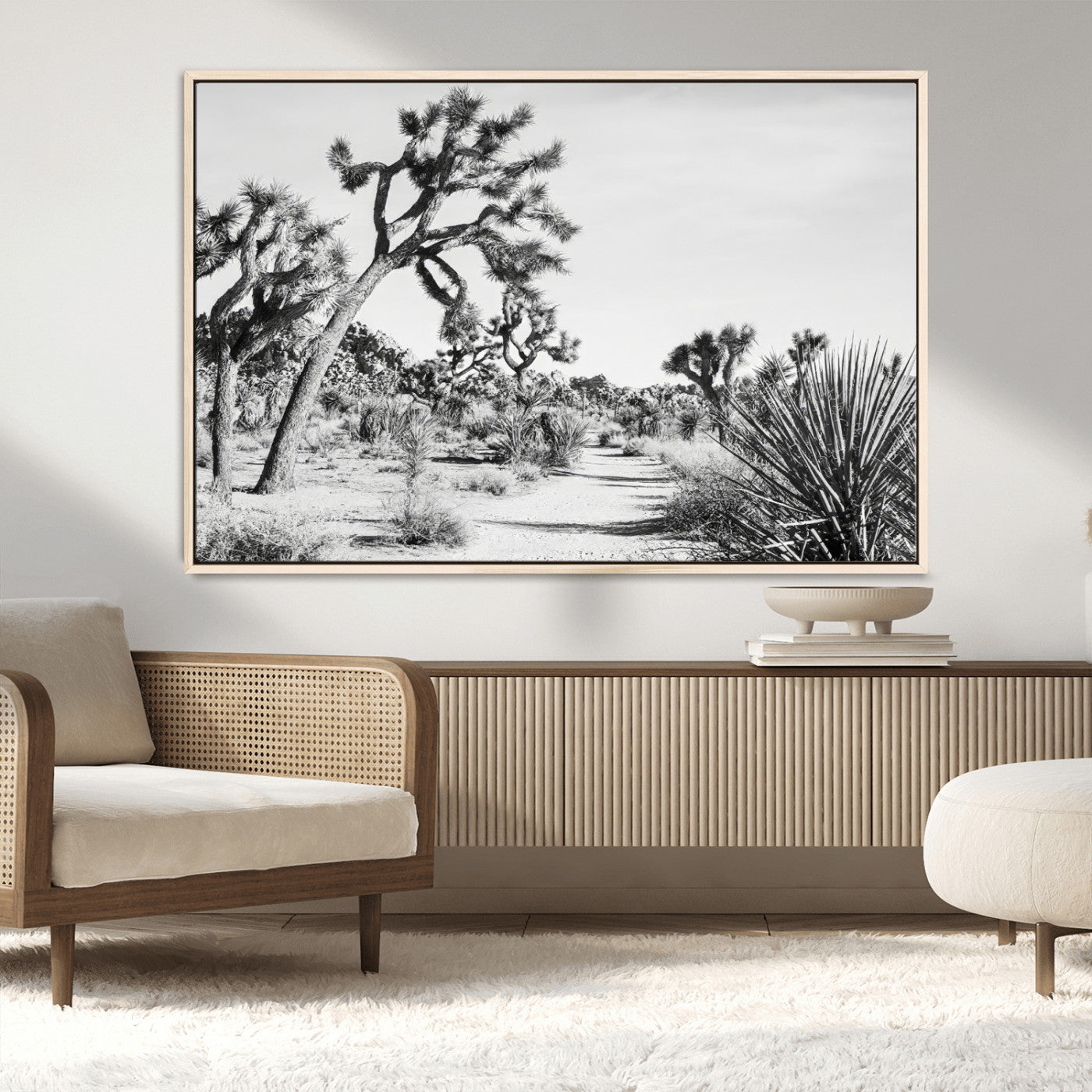 MGV-FC-36X24 - Joshua Tree Wall Art Canvas Print, Framed Desert Path Art Picture Print, Monochrome Desert Perfect Minimalist Desert Decor Artwork