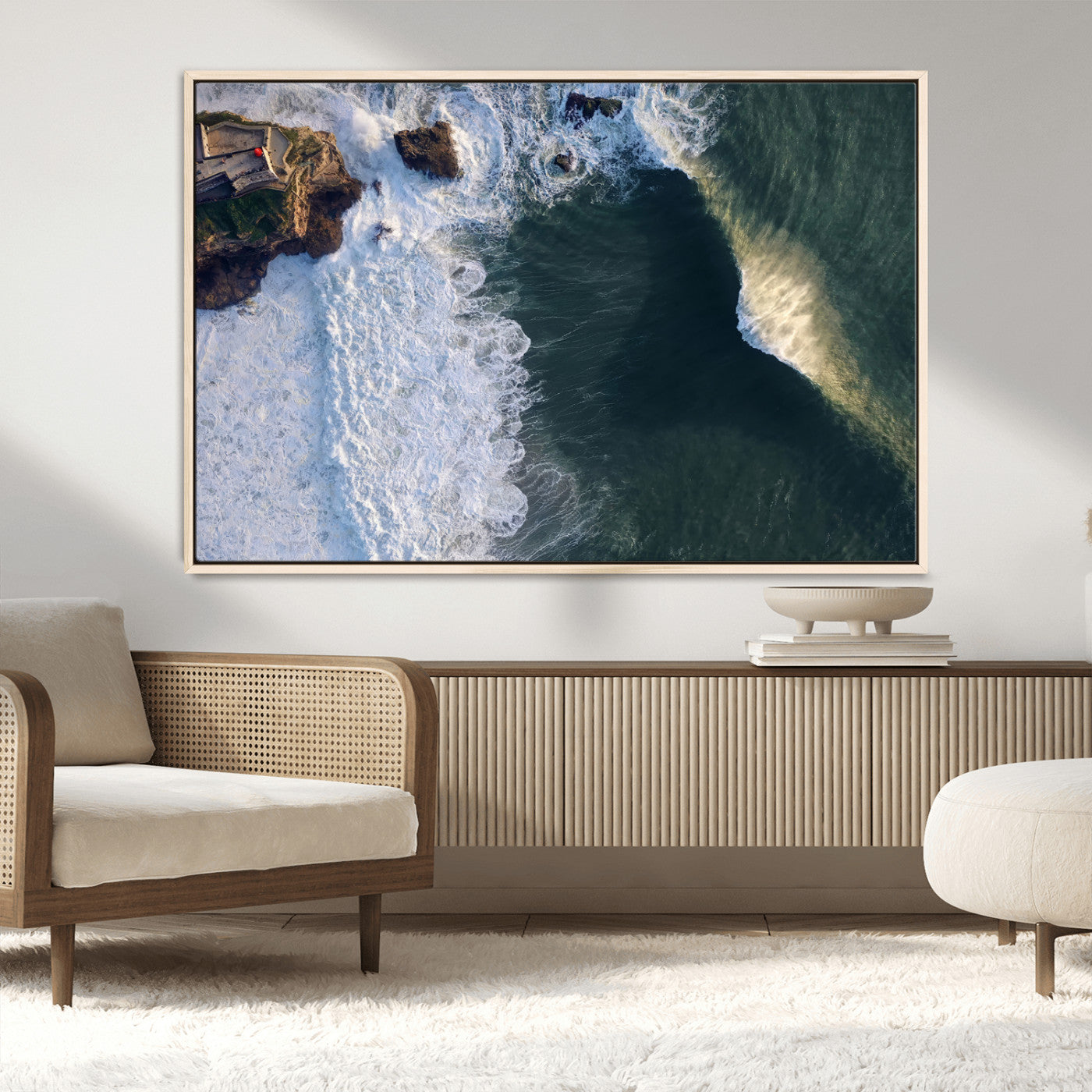 MGV-FC-36X24 - Nazaré Coast Wall Art Canvas Print, Framed Aerial Ocean Art Picture Print, Coastal Fortress Perfect Dramatic Coastal Decor Artwork