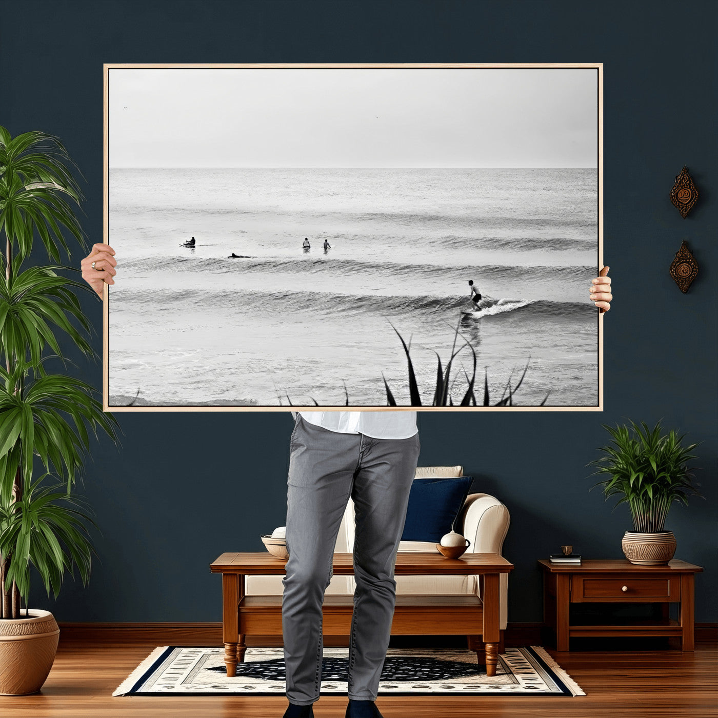 33821421-MGV-CV-36X24 - Surfer Silhouette Wall Art Canvas Print, Framed Calm Ocean Art Picture Print, Monochrome Surf Minimalist Coastal Decor Artwor