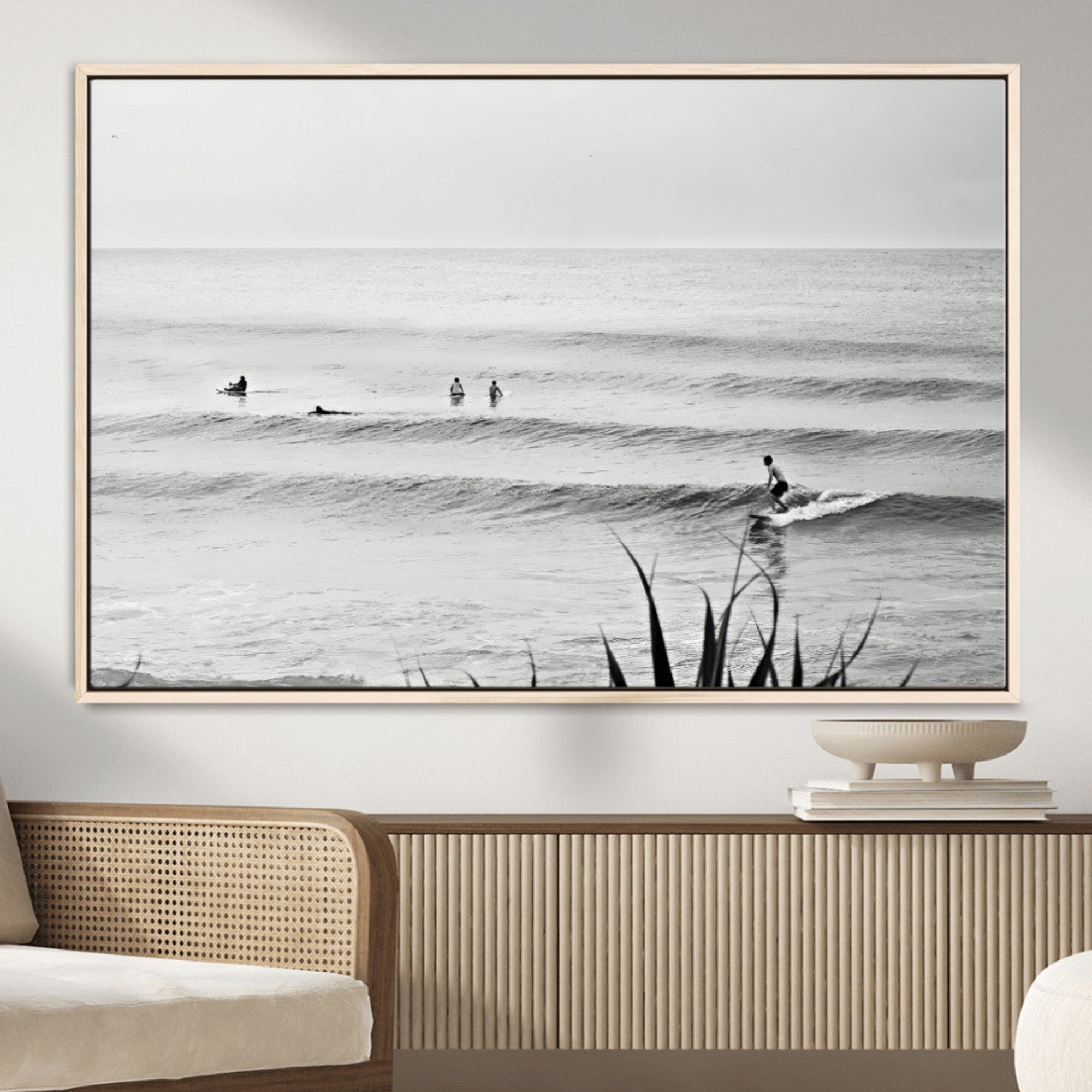 33821421-MGV-CV-36X24-Surfer Silhouette Wall Art – Framed Calm Ocean Canvas Artwork, Monochrome Minimal Design, Modern Coastal Decor for Home, Office