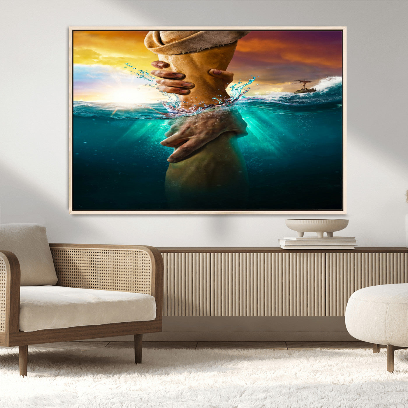 A dramatic scene of a hand reaching underwater and being lifted, symbolizing rescue and faith, ideal for spiritual or Christian wall decor.