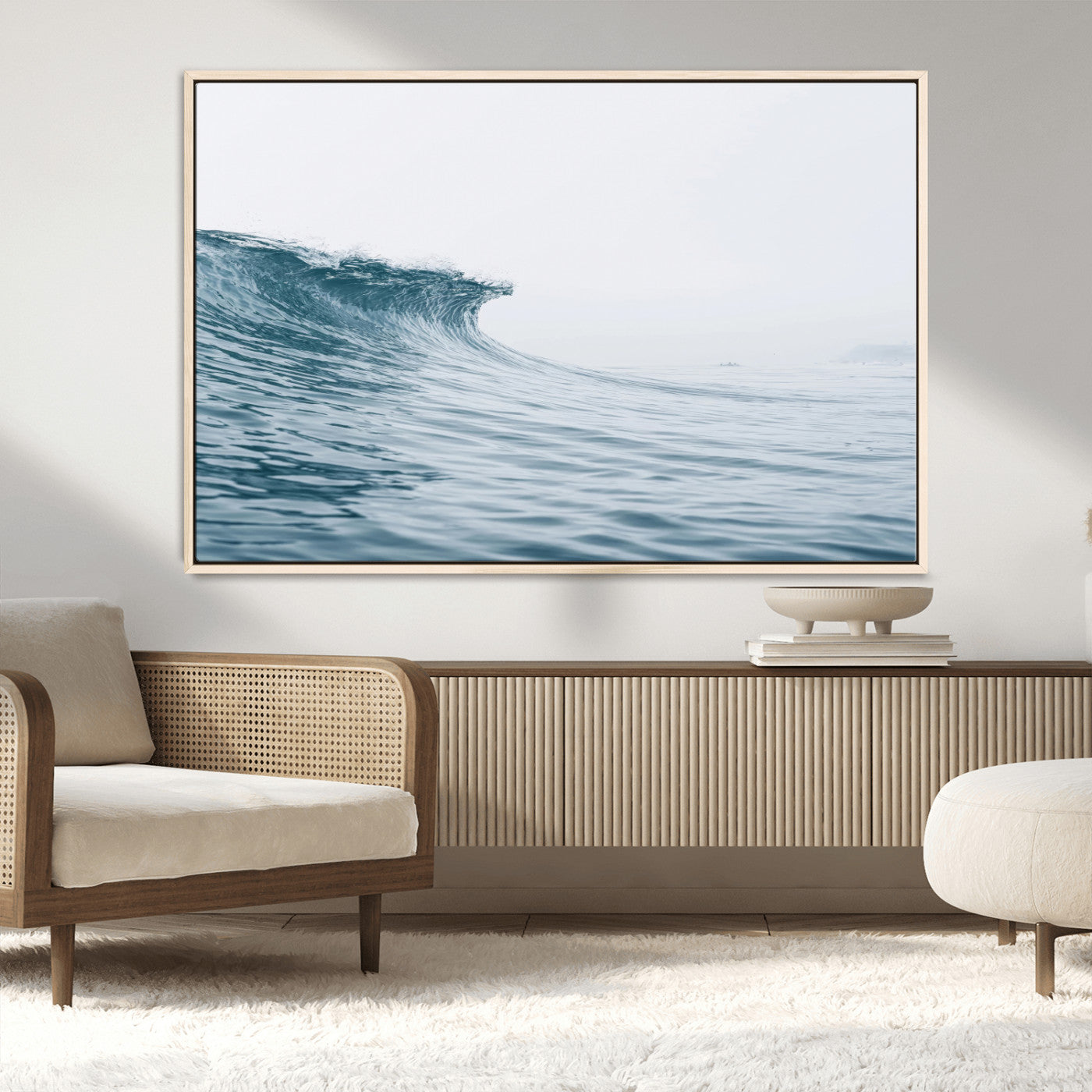 A single ocean wave curling in soft blue tones under a misty sky, ideal for coastal or minimalist home wall decor.