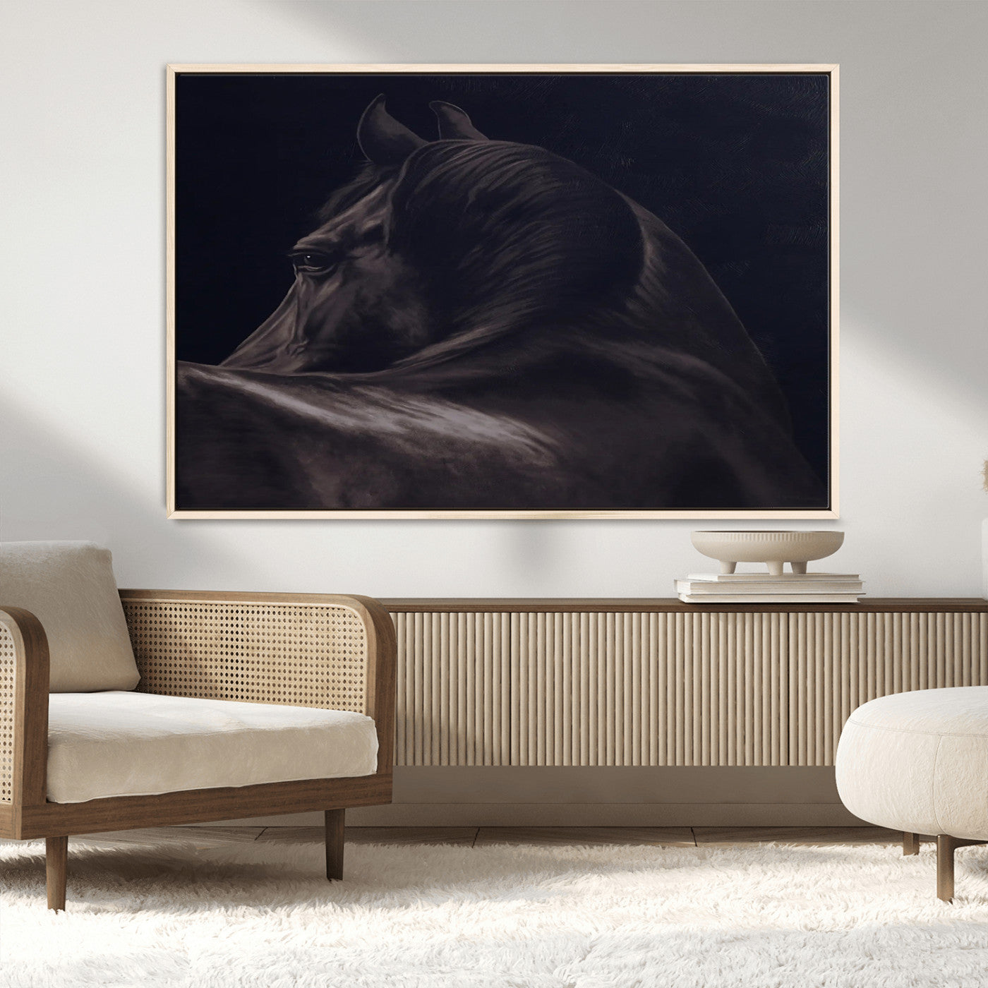 Moody black horse portrait with dramatic lighting on dark background, ideal for rustic, modern or Western style home decor.