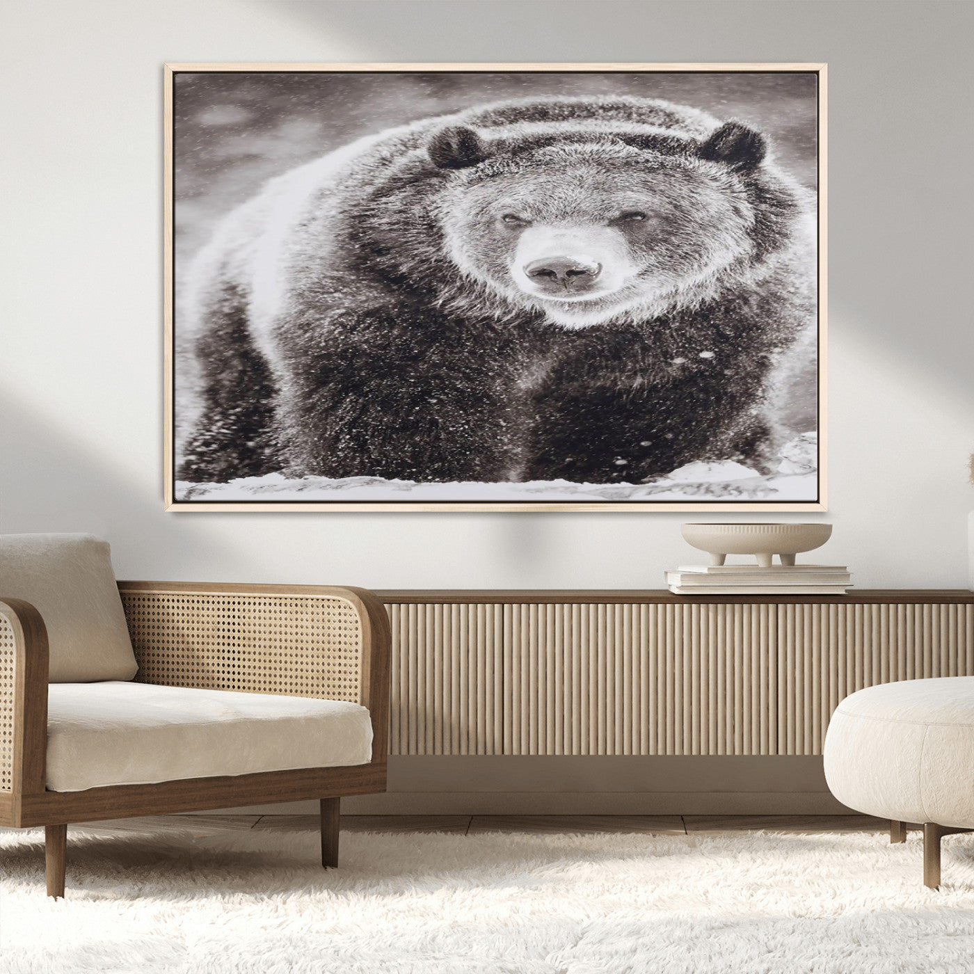 Snow-covered grizzly bear in black and white, ideal for rustic lodge, cabin or wildlife-themed home wall decor.