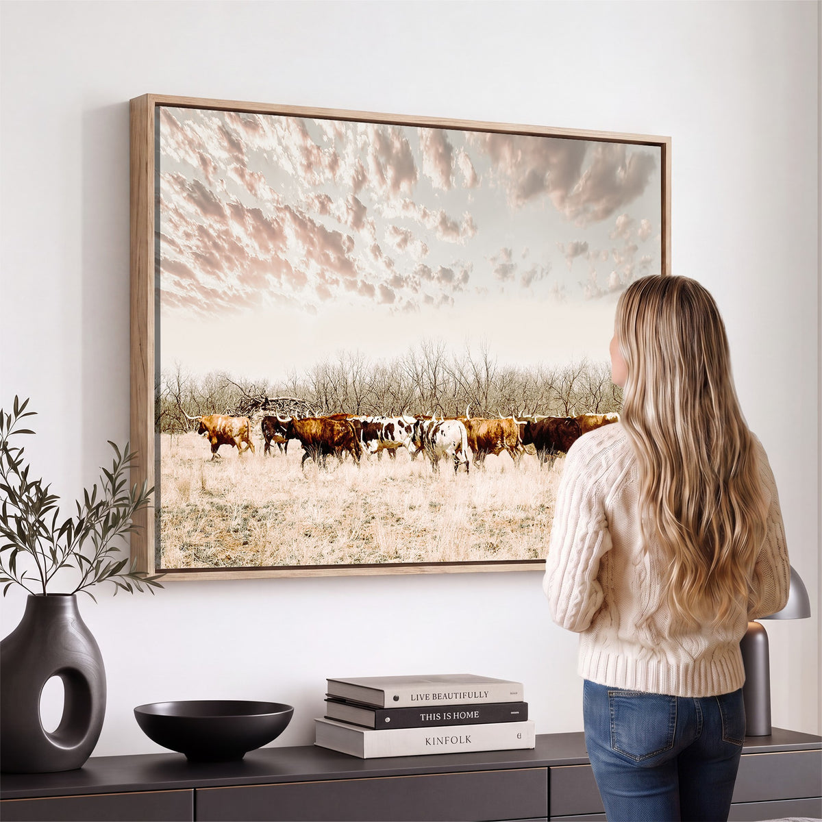 64892775-MGV-CV-24X16 - Longhorn Cattle Wall Art Canvas Print, Framed Texas Ranch Art, Western Cow Print, Prairie Landscape Decor