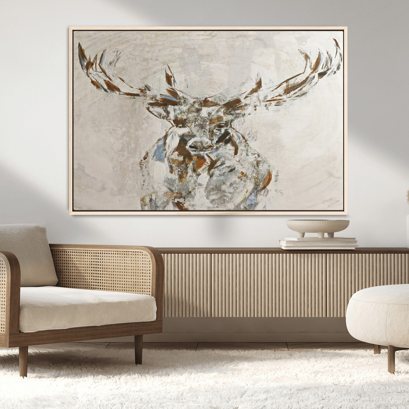 Abstract painting of a deer with antlers in neutral earth tones, ideal for modern rustic or lodge-style living room wall decor.