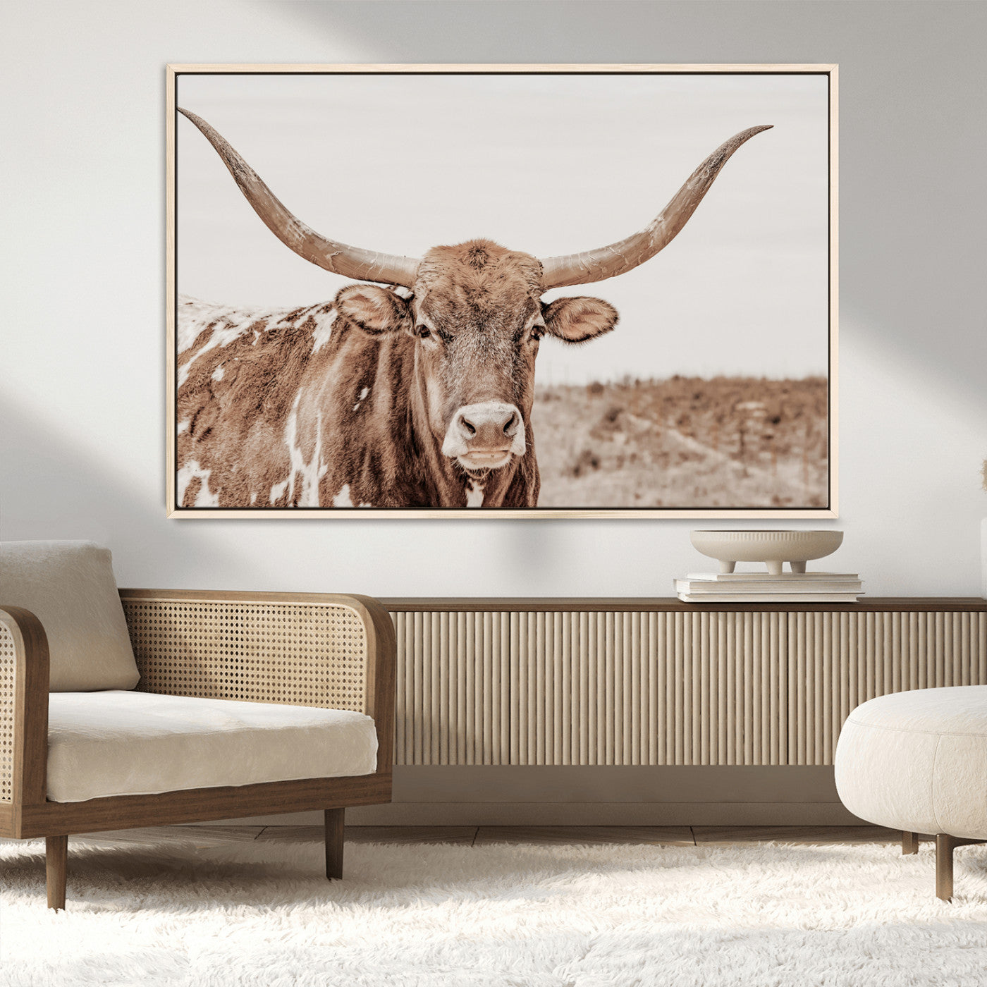 MGV-FC-36X24 - Longhorn Cow Wall Art Canvas Print, Framed Texas Ranch Art Picture Print, Western Bull Perfect County Decor Artwork