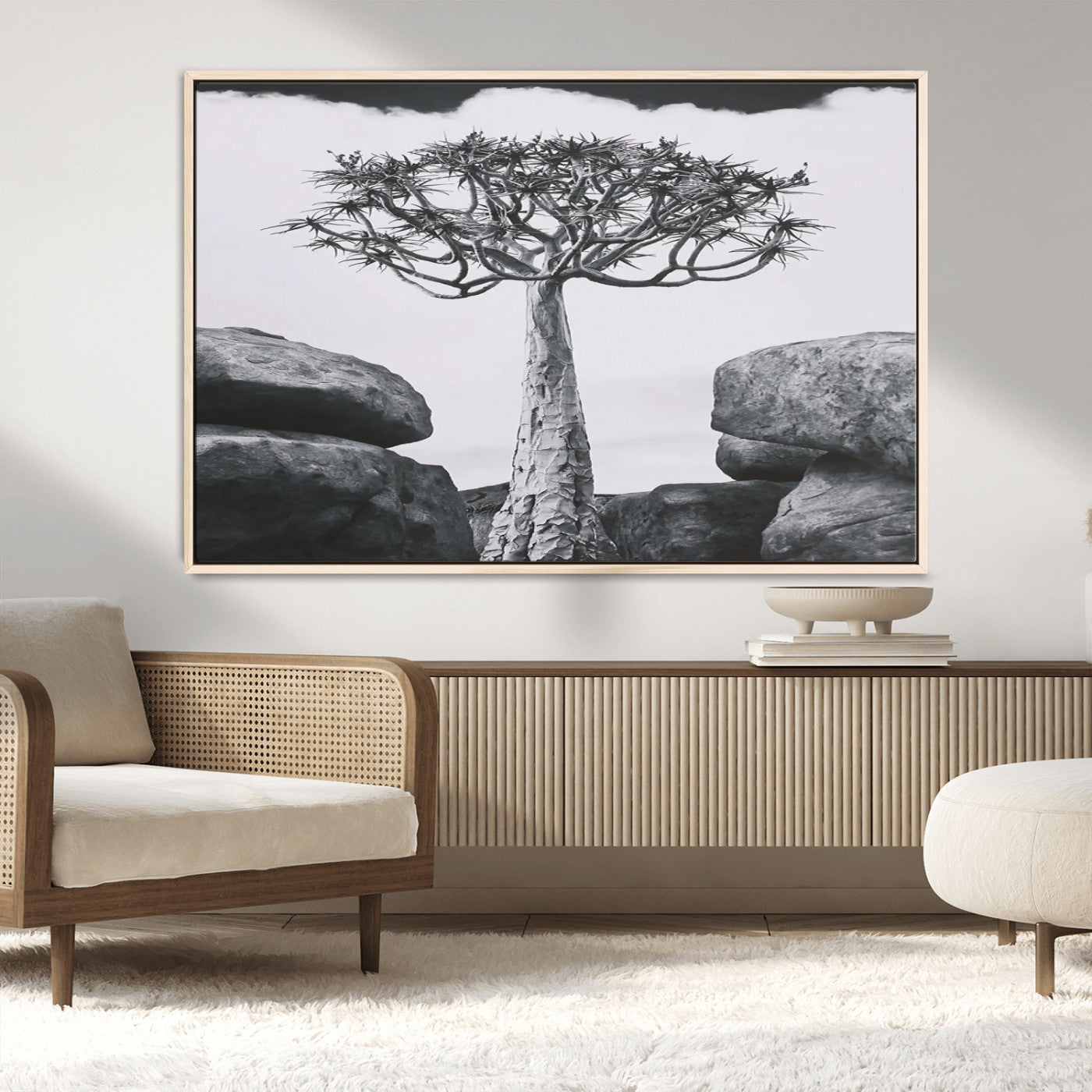 Black and white Joshua tree with bold rocky background, ideal for minimalist or desert-inspired home wall decoration.