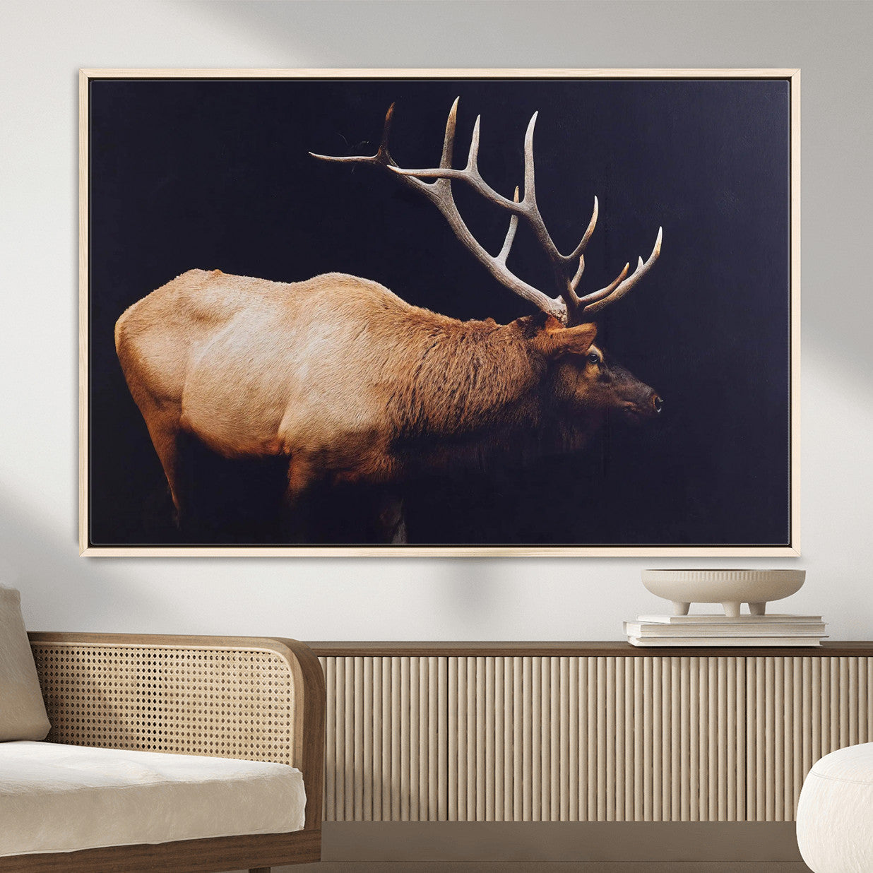 89239257-MGV-FC-36X24 - Rustic Elk Wall Art Canvas Print – Framed Moody Wildlife Art Picture Western Animal Artwork for Home, Office