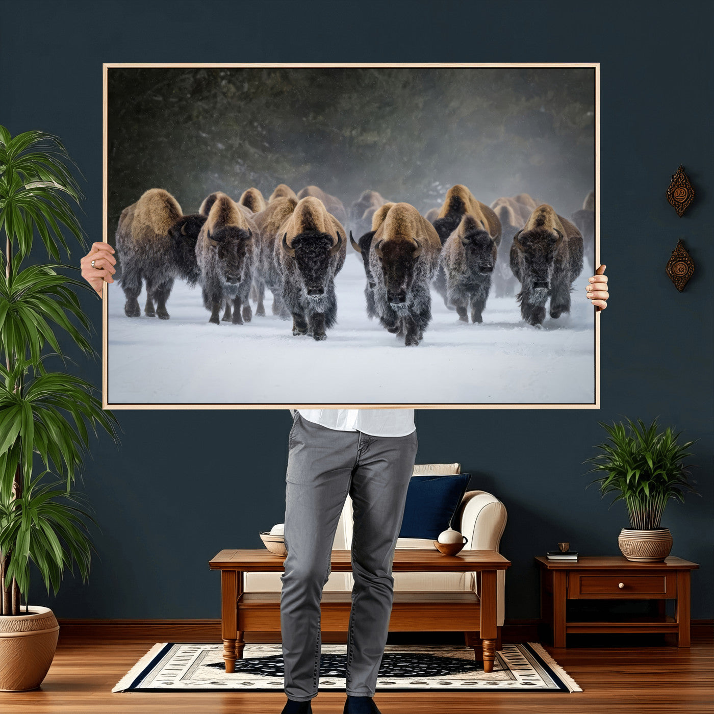 41669135-MGV-CV-36X24 - Winter Bison Herd Wall Art – Majestic Buffalo Charge Canvas Print with Snow Covered Plains, Rustic Wildlife Strength and Untamed Nature Decor for Home and Office