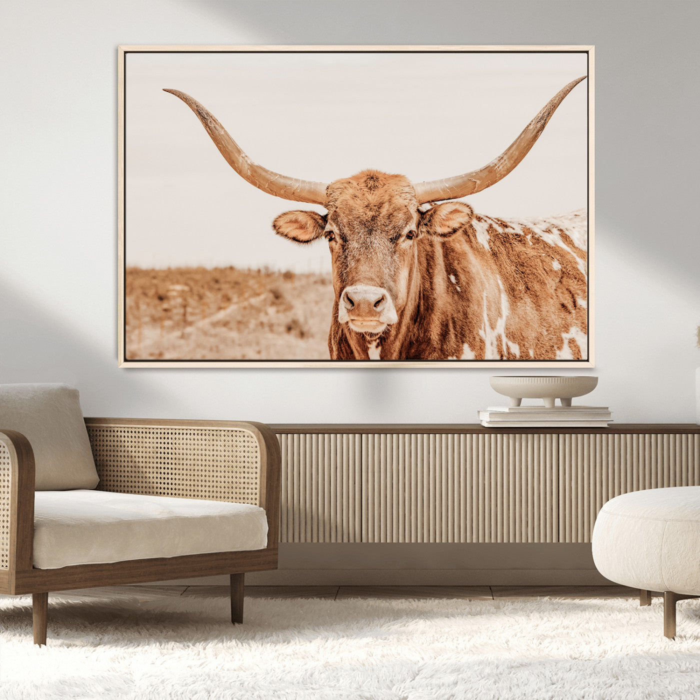 MGV-FC-36X24 - Longhorn Bull Wall Art Canvas Print, Framed Western Cow Art Picture Print, Rustic Farmhouse Perfect Neutral Farmhouse Decor Artwork