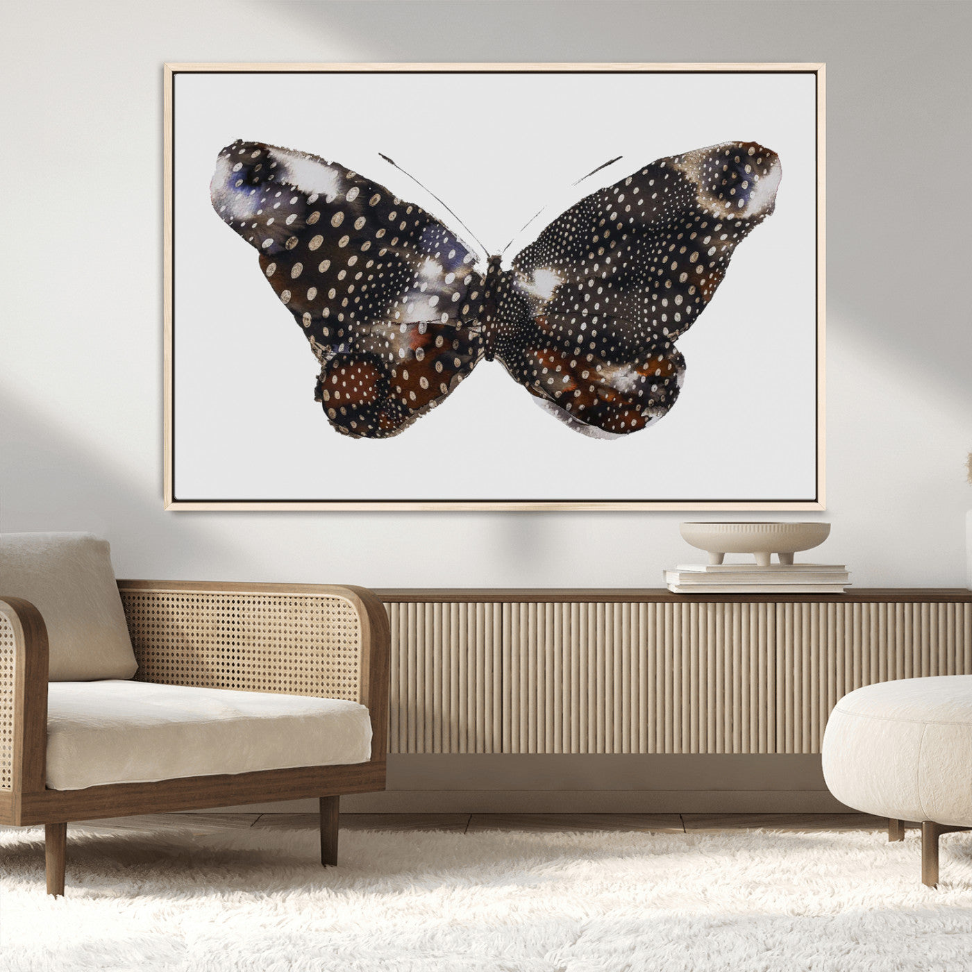 MGV-FC-36X24 - Spotted Butterfly Wall Art Canvas Print, Framed Neutral Insect Theme Art Picture Print, Earthy Wing Pattern Perfect Modern Rustic Decor Artwork