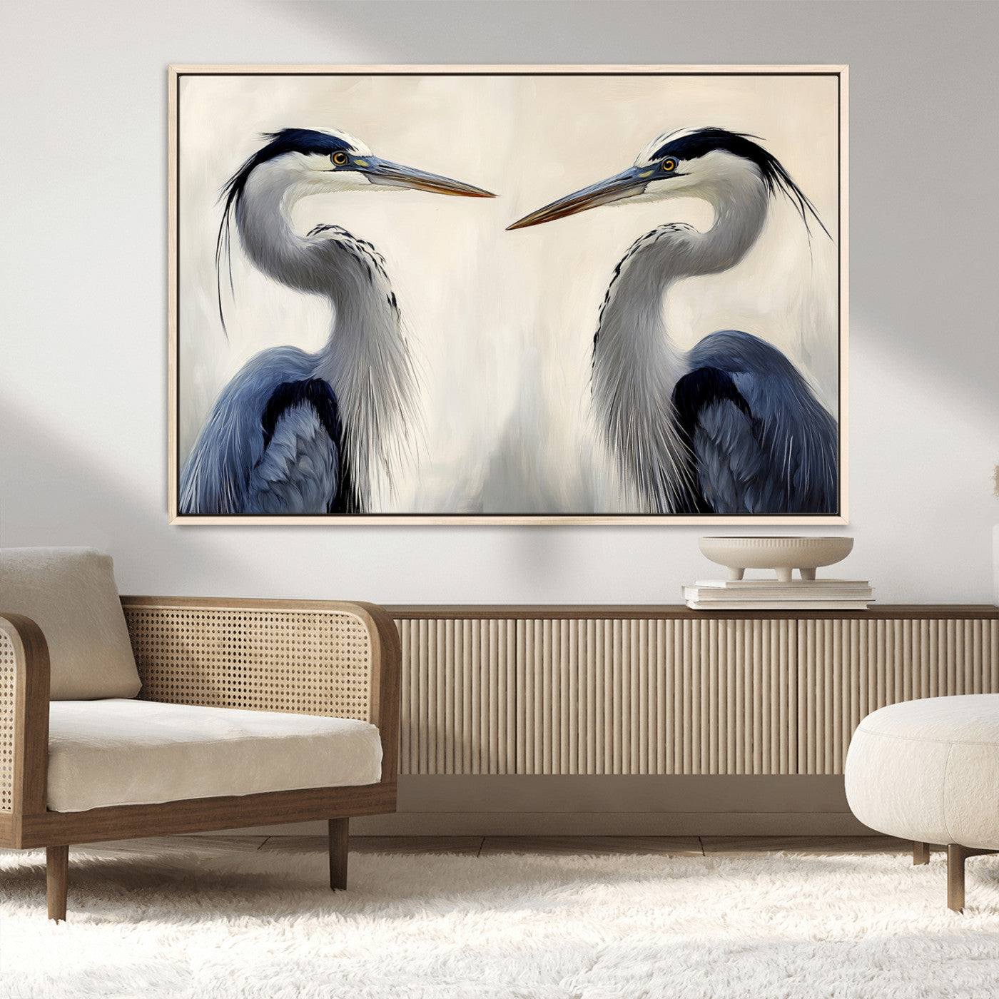 MGV-FC-36X24 - Blue Heron Pair Wall Art Canvas Print, Framed Coastal Bird Theme Art Picture Print, Tranquil Wildlife Scene Perfect Coastal Minimalist Decor Artwork