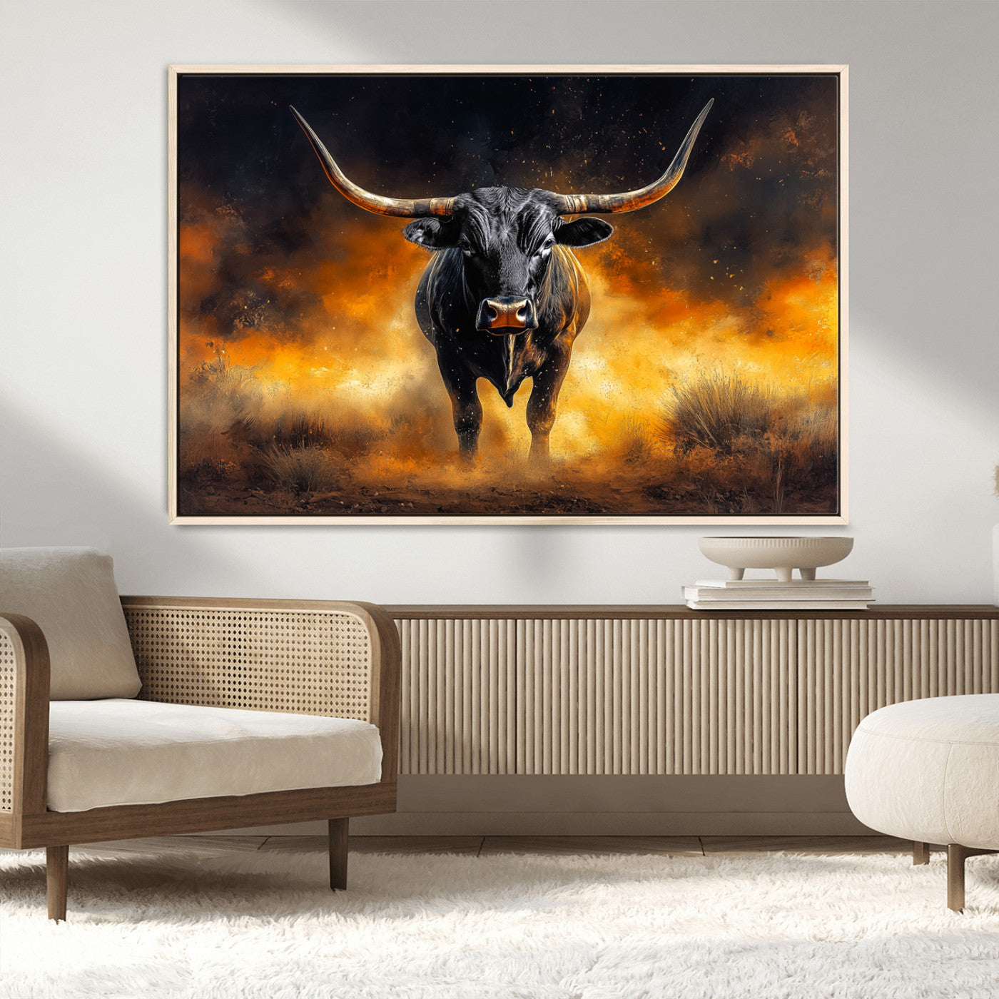 MGV-FC-36X24 - Longhorn Canvas Wall Art Canvas Print, Framed Bold Bull Wall Art Art Picture Print, Western Animal Decor Perfect Western Dramatic Decor Artwork