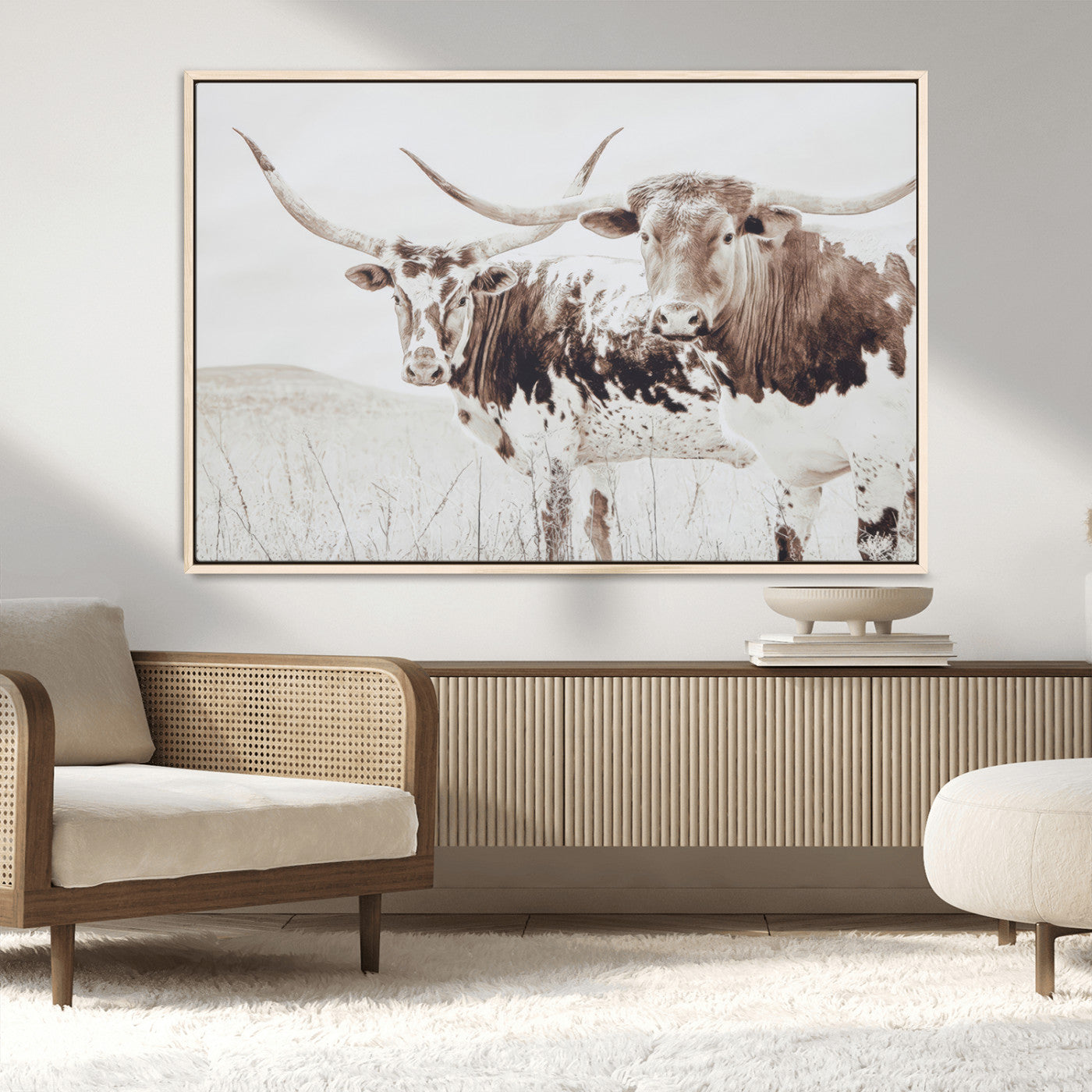 MGV-FC-36X24 - Longhorn Wall Art Wall Art Canvas Print, Framed Western Cow Canvas Art Picture Print, Rustic Farm Decor Perfect Rustic Farmhouse Decor Artwork