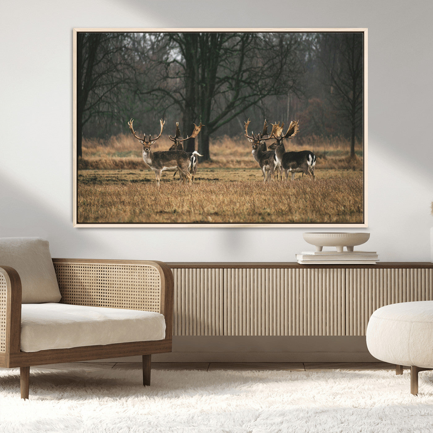 MGV-FC-36X24 - Deer Photography Wall Art Canvas Print, Framed Rustic Wildlife Art Picture Print, Stags In Forest Perfect Rustic Wilderness Decor Artwork