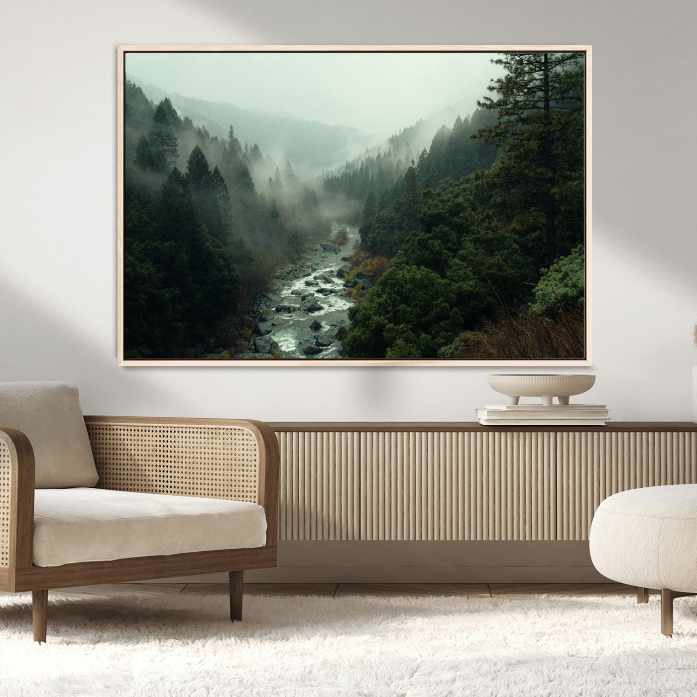 MGV-FC-36X24 - Misty Forest Wall Art Canvas Print, Framed Foggy River Art Picture Print, Moody Landscape Perfect Wilderness Decor Artwork