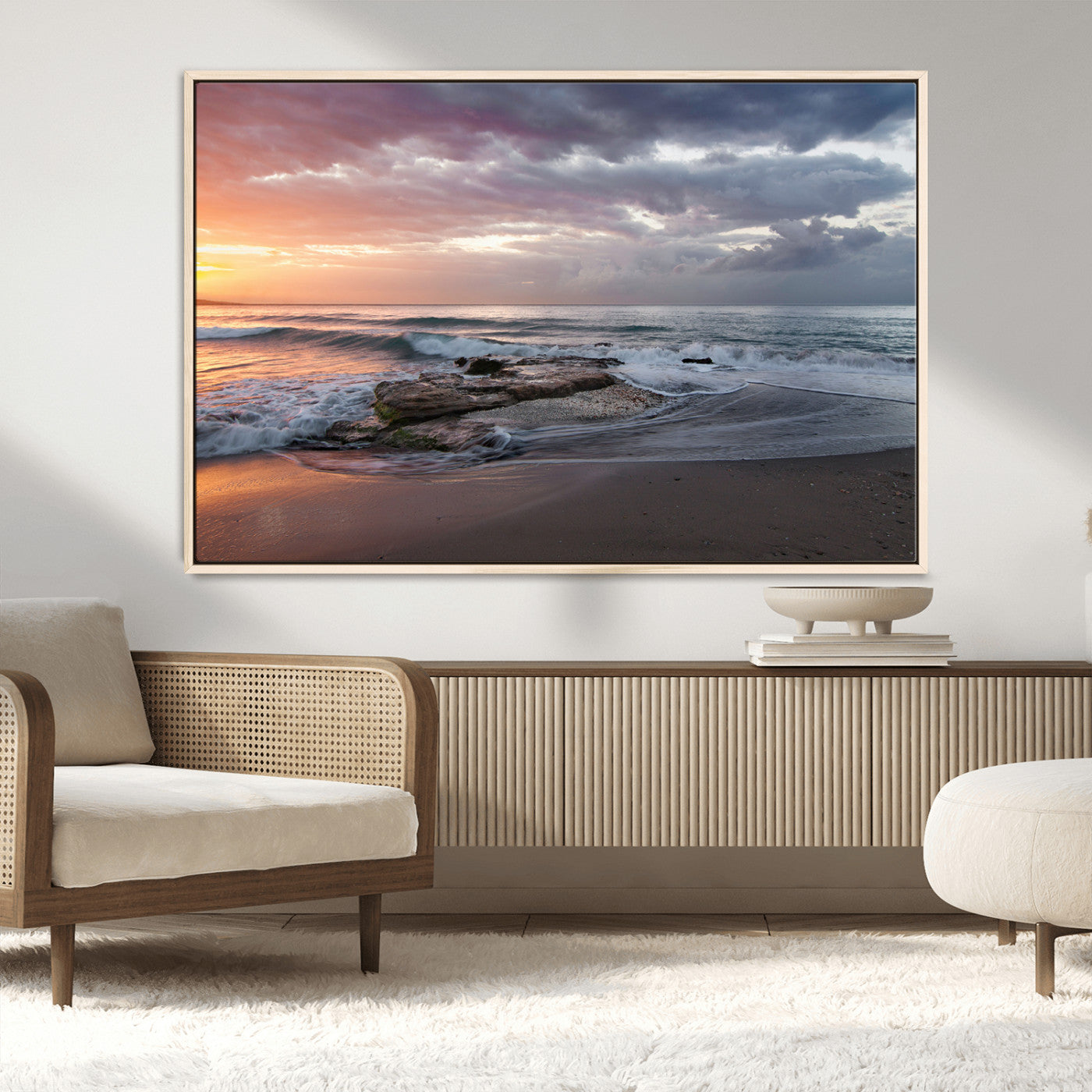 MGV-FC-36X24 - Golden Hour Wall Art Canvas Print, Framed Tranquil Waves Art Picture Print, Beach Perfect Coastal Serenity Decor Artwork