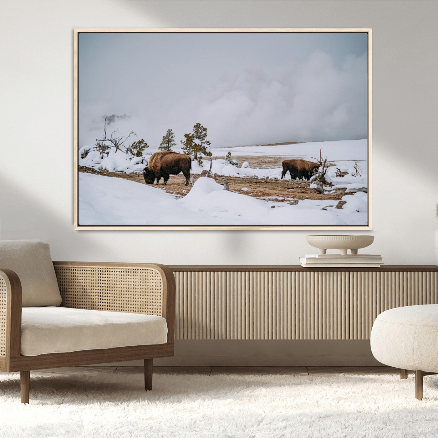 MGV-FC-36X24 - Bison Wildlife Wall Art Canvas Print, Framed Snowy Prairie Art Picture Print, Western Perfect Rustic Decor Artwork