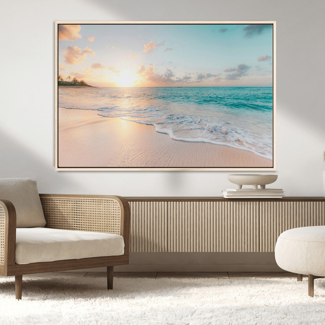 Beach Sunset Wall Art Canvas Print, Framed Ocean Waves Summer Escape