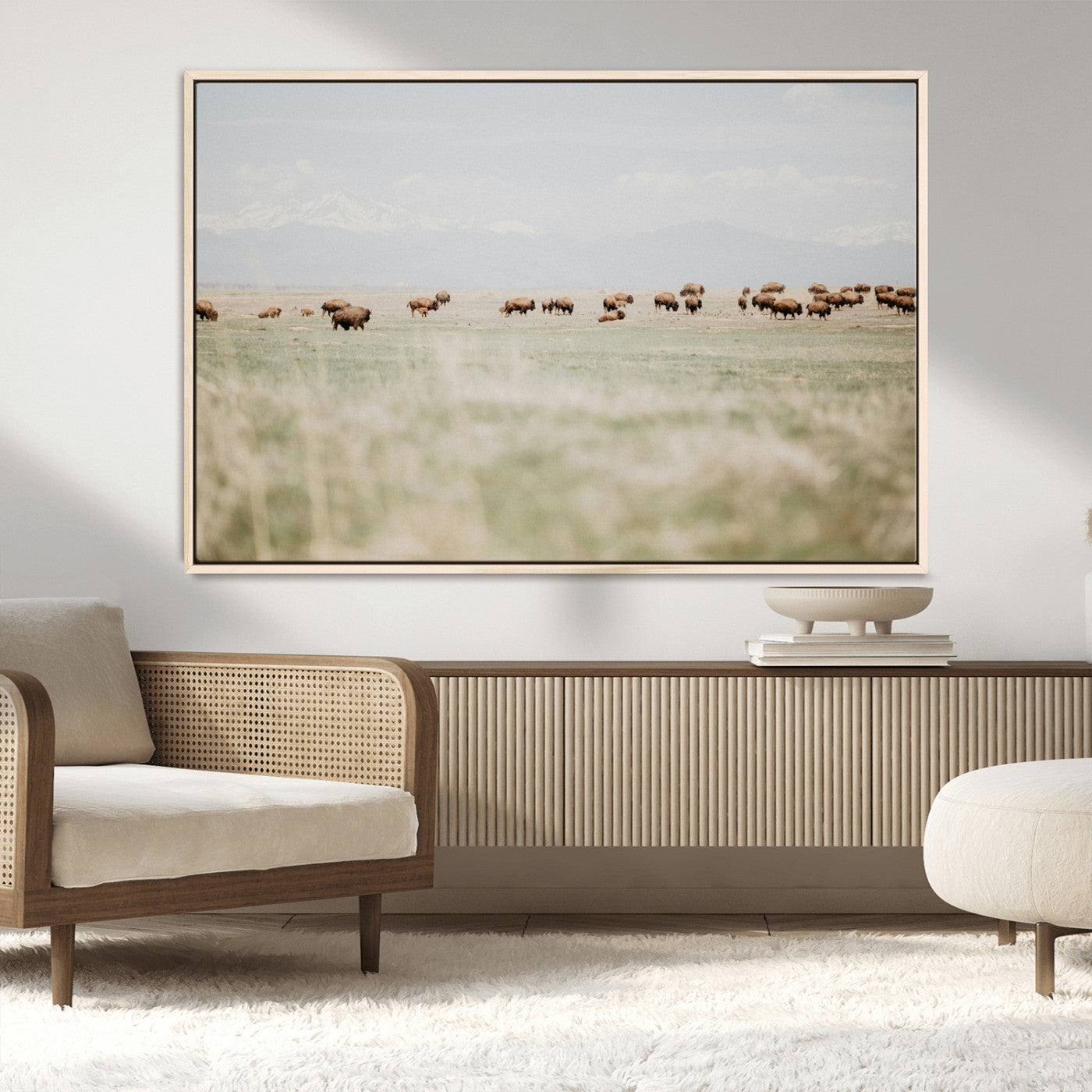 MGV-FC-36X24 - Bison Herd Wall Art Canvas Print, Framed Western Art Picture Print, Bison Perfect Ranch Decor Artwork