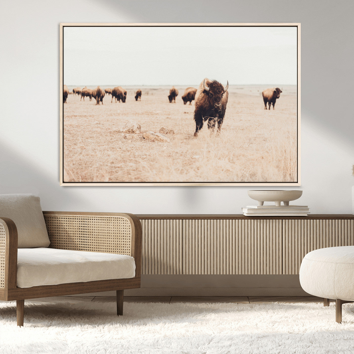 MGV-FC-36X24 - Bison Herd Wall Art Canvas Print, Framed Western Art Picture Print, Prairie Serenity Perfect Ranch Decor Artwork