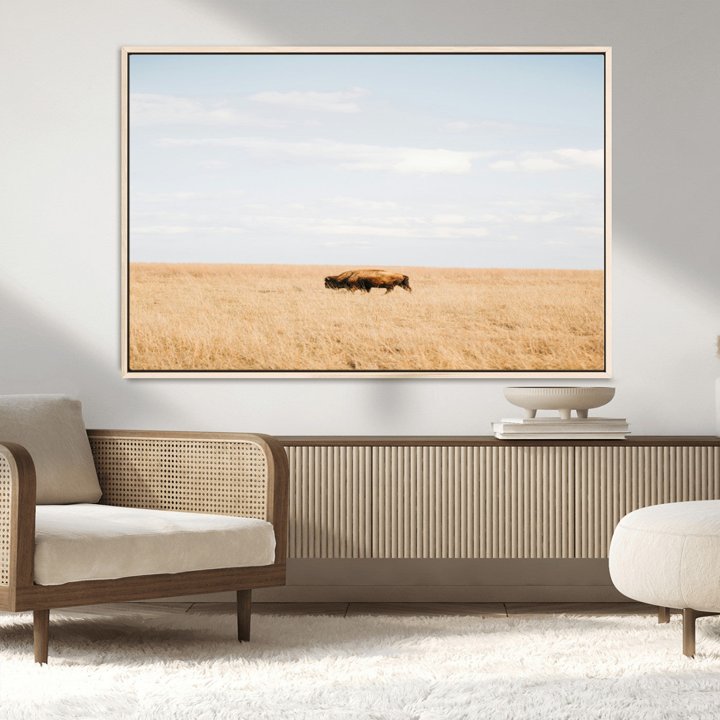 MGV-FC-36X24 - Minimalist Nature Wall Art Canvas Print, Framed Bison In Grassland Art Picture Print, Open Field Perfect Modern Ranch Decor Decor Artwork