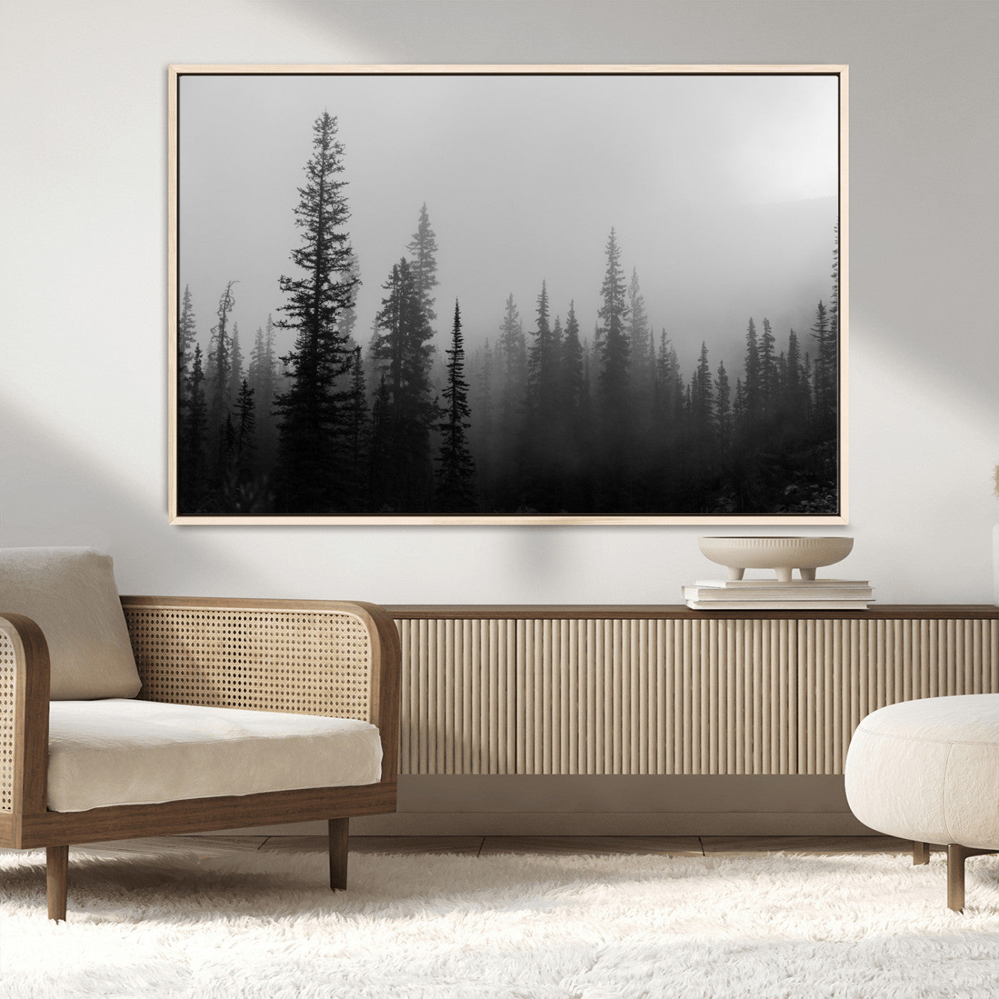 MGV-FC-36X24 - Misty Pines Wall Art Canvas Print, Framed Woodland Photography Art Picture Print, Minimalist Decor Perfect Rustic Decor Artwork