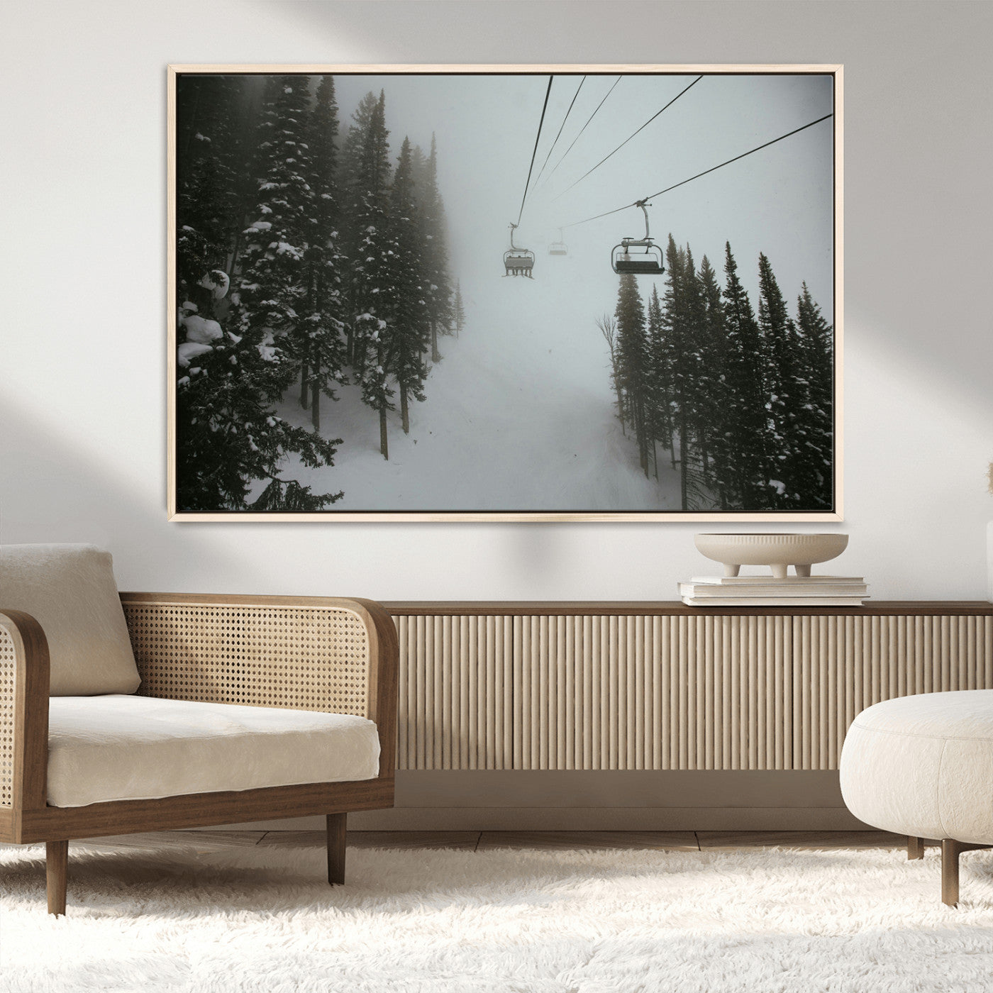 MGV-FC-36X24 - Ski Lift Wall Art Canvas Print, Framed Snowy Pines Art Picture Print, Misty Landscape Perfect Winter Serenity Decor Artwork