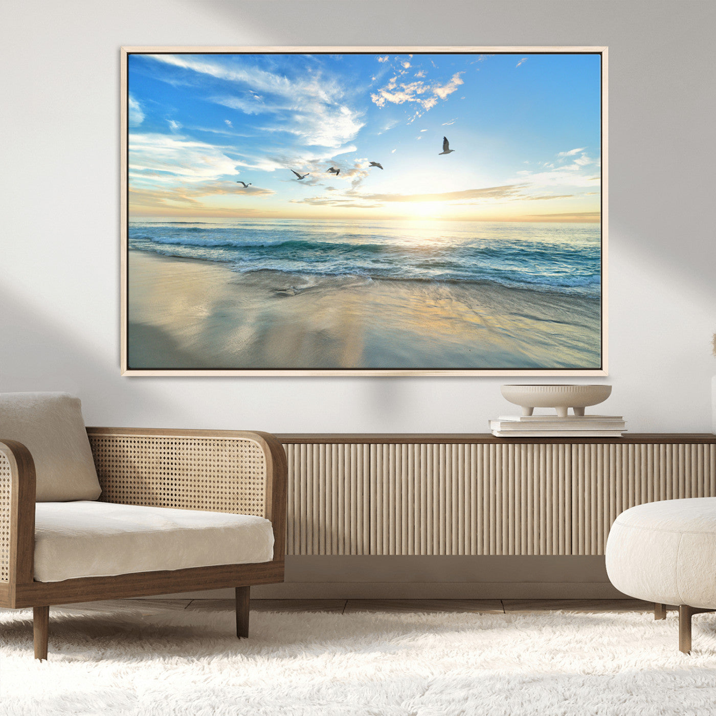 MGV-FC-36X24 - Minimalist Seaside Wall Art Canvas Print, Framed Morning Glow Art Picture Print, Golden Reflections Perfect Coastal Minimalist Decor Artwork