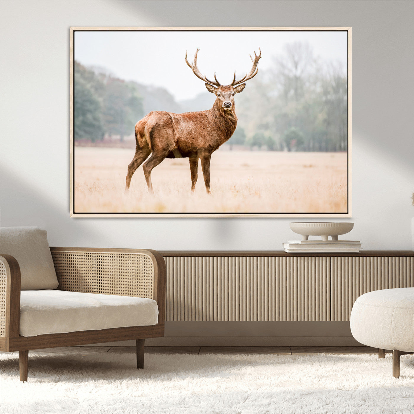 MGV-FC-36X24 - Vintage Wildlife Art Wall Art Canvas Print, Framed Misty Landscape Art Picture Print, Deer Wall Art Perfect Rustic Wildlife Decor Artwork