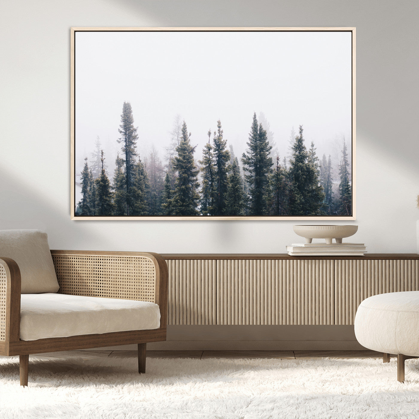 MGV-FC-36X24 - Foggy Forest Wall Art Canvas Print, Framed Misty Pines Art Picture Print, Moody Woodland Perfect Scandinavian Minimalist Decor Artwork