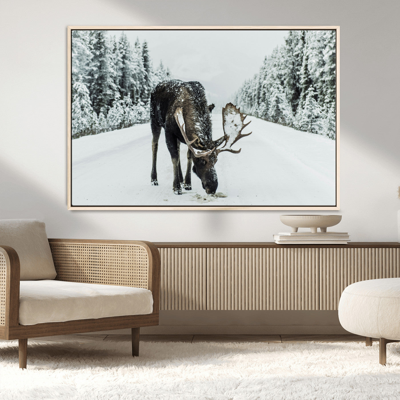 MGV-FC-36X24 - Moose in Snow Wall Art Canvas Print, Framed Winter Wildlife Art Picture Print, Snowy Forest Scene Perfect Rustic Lodge Decor Artwork