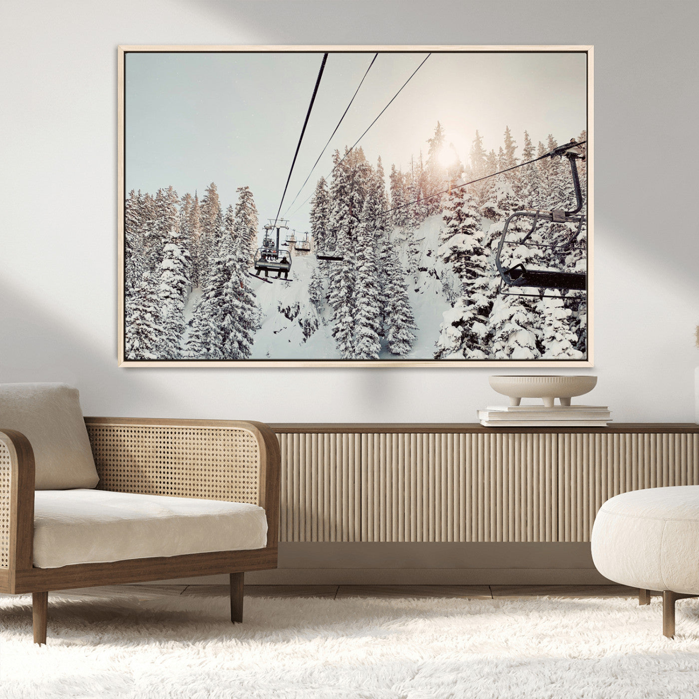 MGV-FC-36X24 - Frosty Pines Wall Art Canvas Print, Framed Cozy Cabin View Art Picture Print, Ski Lift Ride Perfect Rustic Lodge Decor Artwork